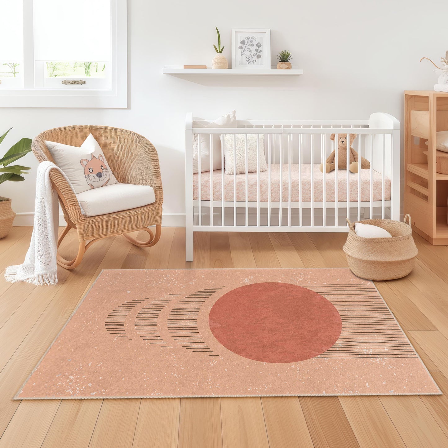 Rechteckiger Kinderteppich mit abstraktem Kreismuster, moderner Kinderzimmerteppich, stilvolle Spielzimmerdekoration, weicher Kinderteppich, Teppich mit geometrischem Design