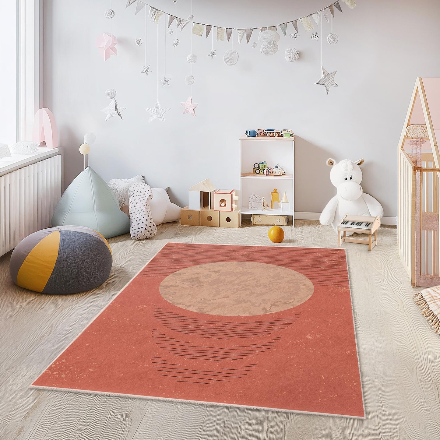 Abstrakter Kreisteppich, moderner rechteckiger Kinderzimmerteppich, Boho-Stil-Kinderzimmerdeko, weiche und gemütliche Spielmatte