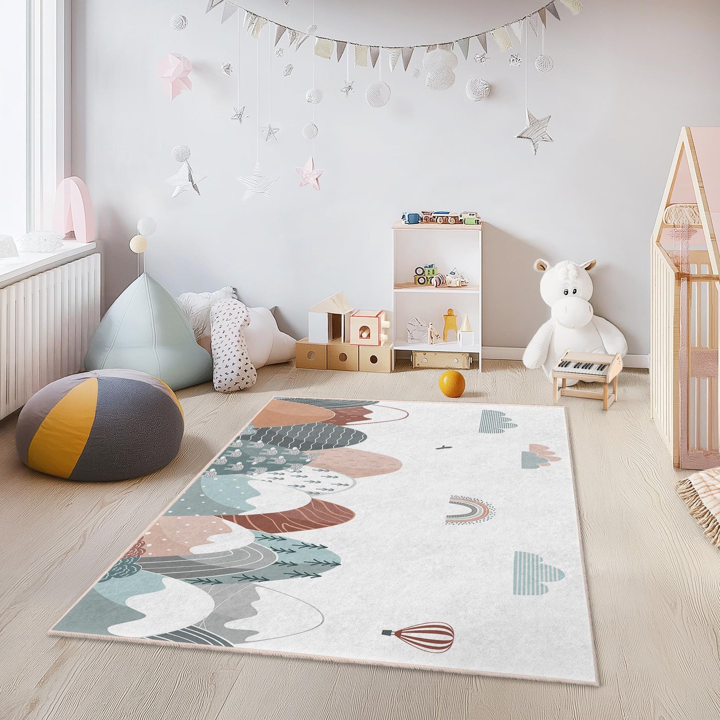 Kinderzimmerteppich mit Berglandschaftsmotiv, rechteckiger Spielzimmerteppich, weiche Kinderzimmerdekoration, stilvoller Kinderteppich, von der Natur inspiriertes Design