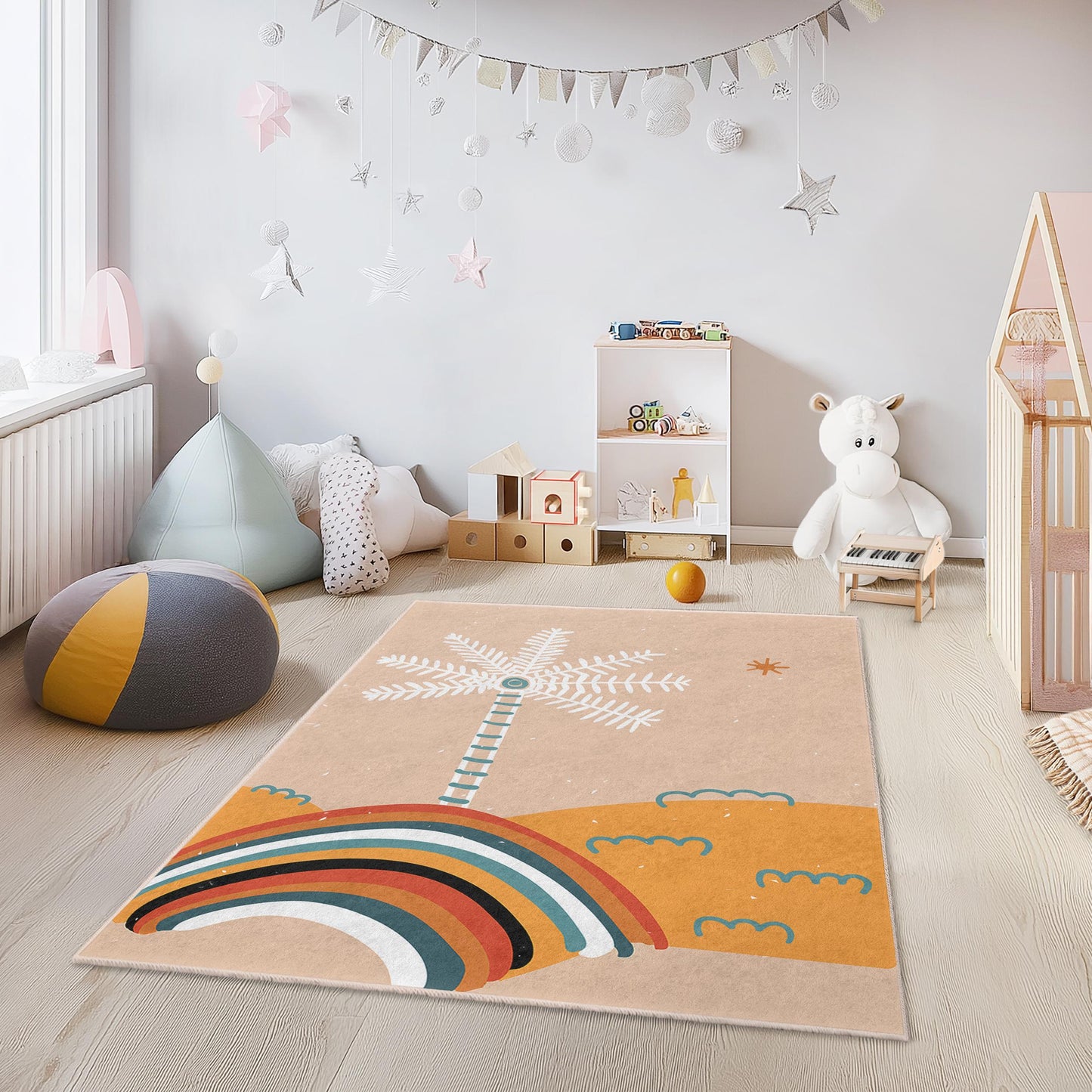 Regenbogen-Palmen-Kinderteppich, bunter tropischer Kinderzimmerteppich, rechteckige Spielmatte, Kinderzimmerdekoration, lebendiger Kinderteppich