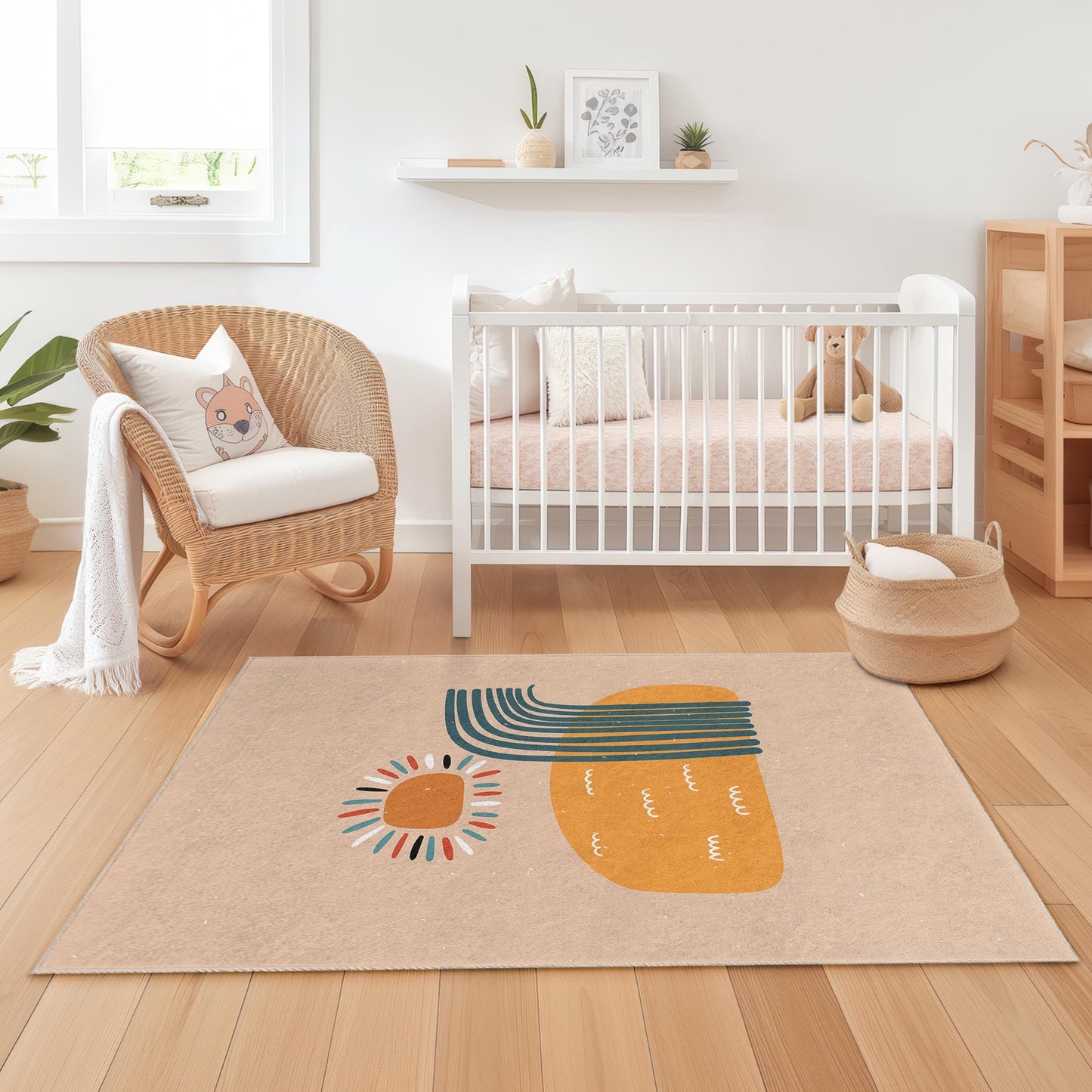 Rechteckiger Kinderteppich „Sunshine Abstract“, farbenfroher Kinderzimmerteppich, Spielzimmerdekoration, Teppich für das Babyzimmer, moderner Kinderteppich