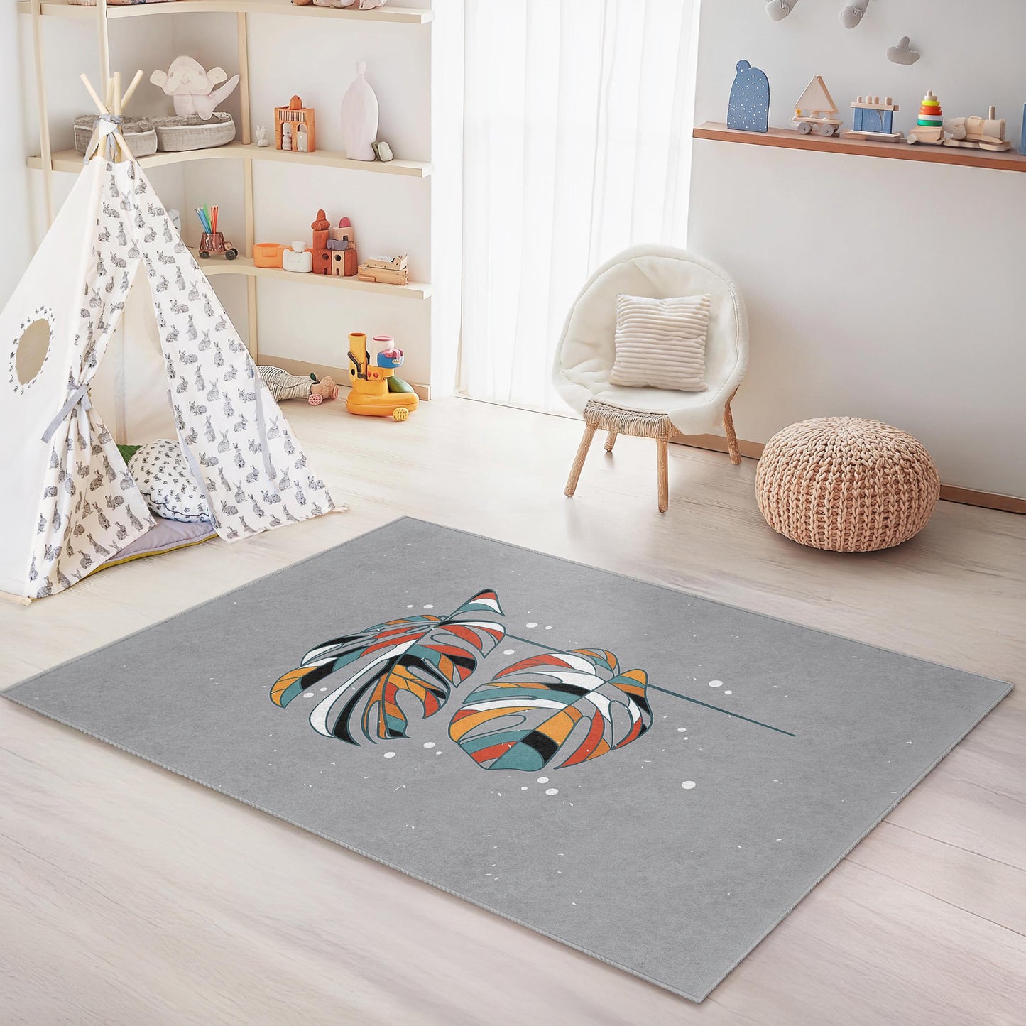 Bunter rechteckiger Monstera-Blatt-Kinderteppich, tropischer Pflanzenteppich, Kinderzimmerdeko, weicher Teppich fürs Kinderzimmer, verspieltes Design