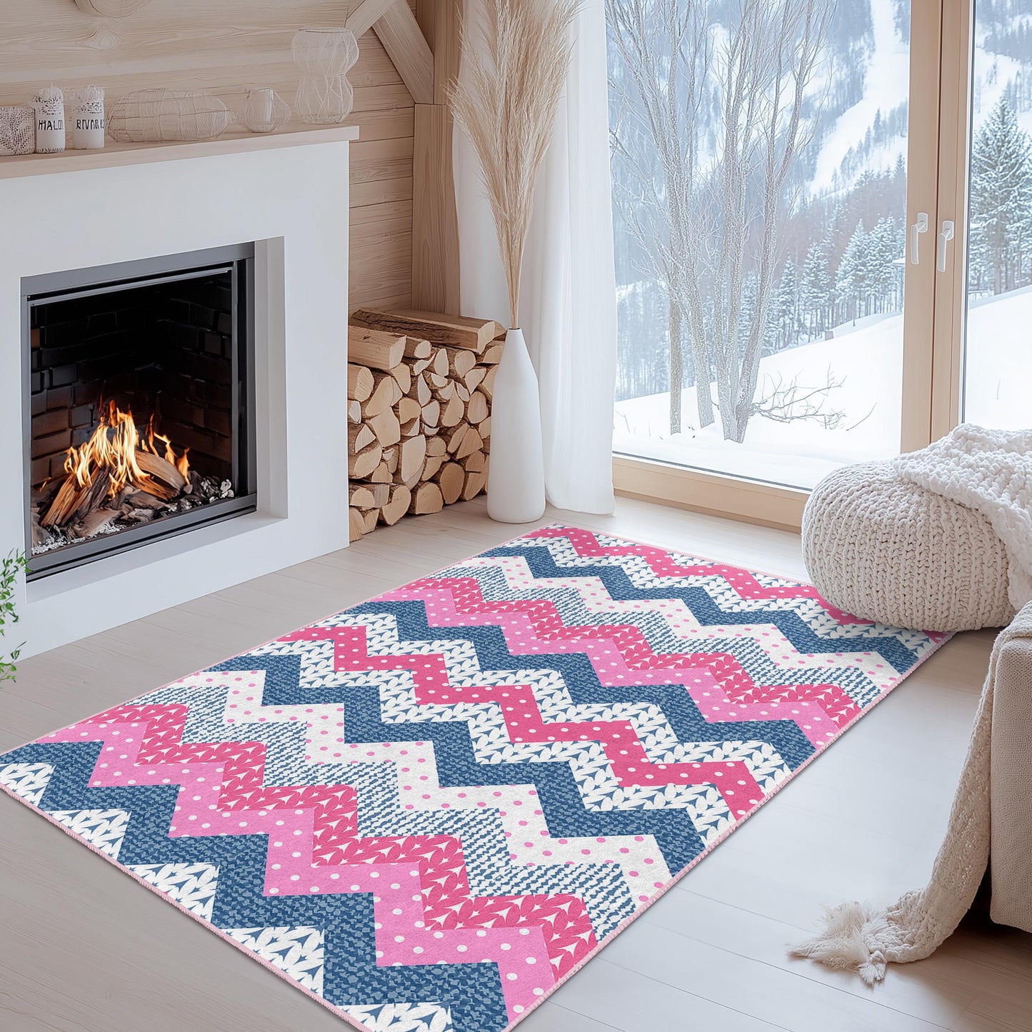 Rechteckiger Teppich mit Chevron-Muster, rosa-blaues Zickzack-Design, stilvoller Teppich für Wohn- oder Schlafzimmer, moderne Wohndekoration