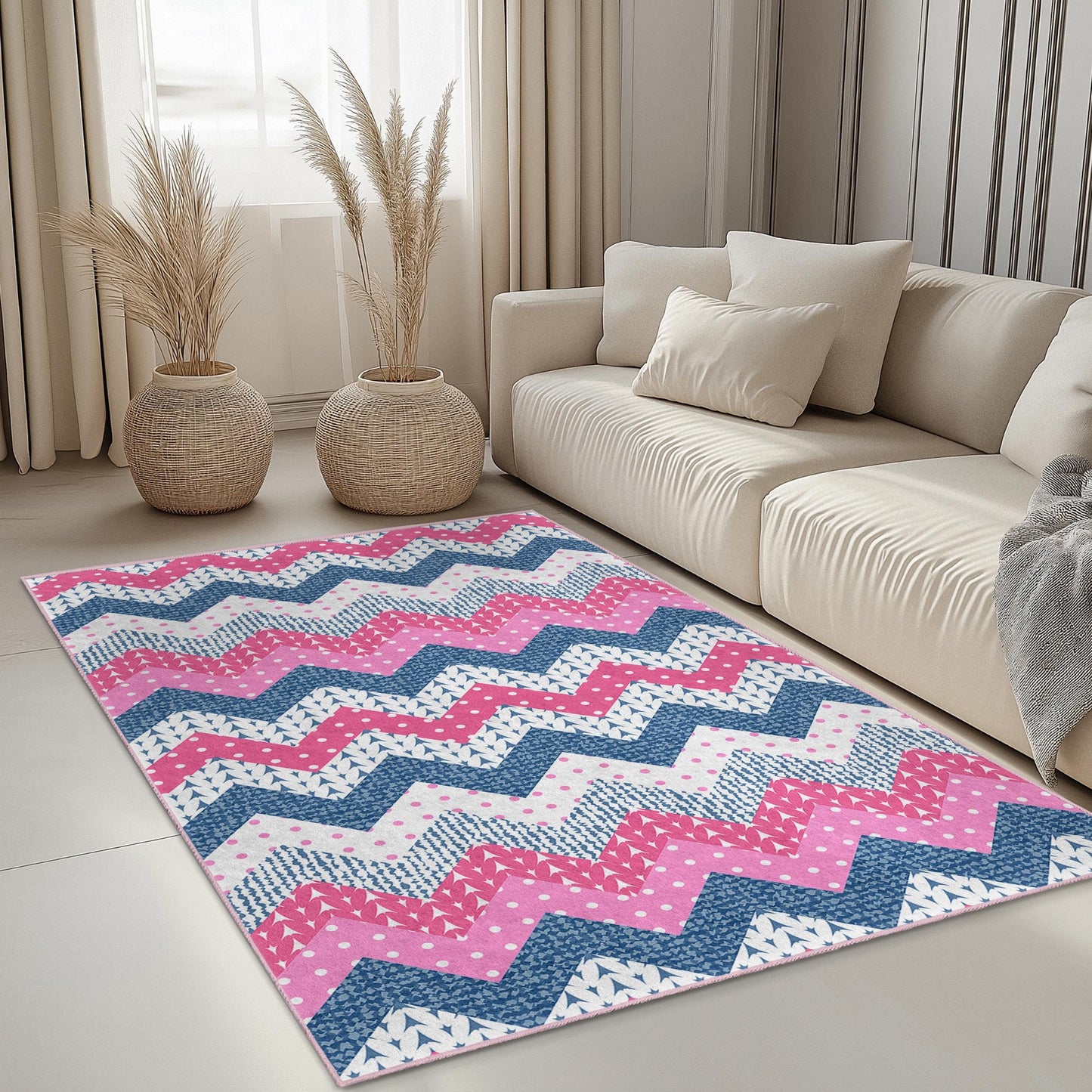 Rechteckiger Teppich mit Chevron-Muster, rosa-blaues Zickzack-Design, stilvoller Teppich für Wohn- oder Schlafzimmer, moderne Wohndekoration