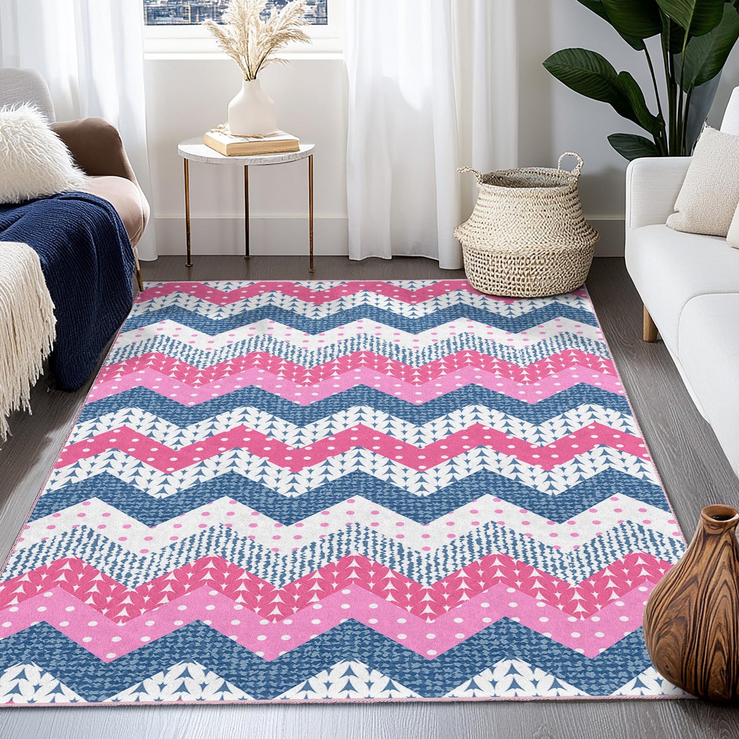 Rechteckiger Teppich mit Chevron-Muster, rosa-blaues Zickzack-Design, stilvoller Teppich für Wohn- oder Schlafzimmer, moderne Wohndekoration
