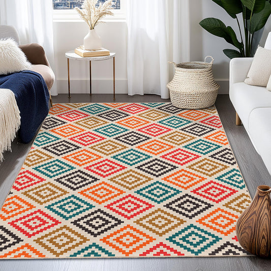 Geometric Pattern Rectangular Area Rug, Colorful Diamond Design Carpet for Living Room, Modern Home Decor, Bohemian Style Rug