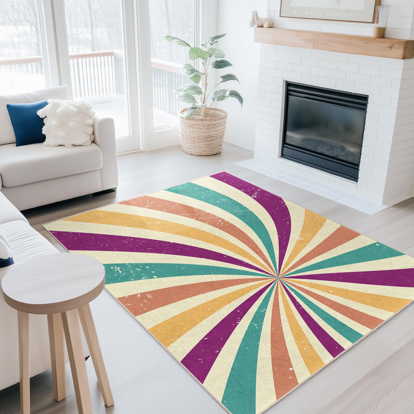 Rechteckiger Teppich mit farbenfrohem Wirbelmuster, lebendiges Retro-Design, moderner Wohnzimmerteppich, einzigartige Wohndekoration
