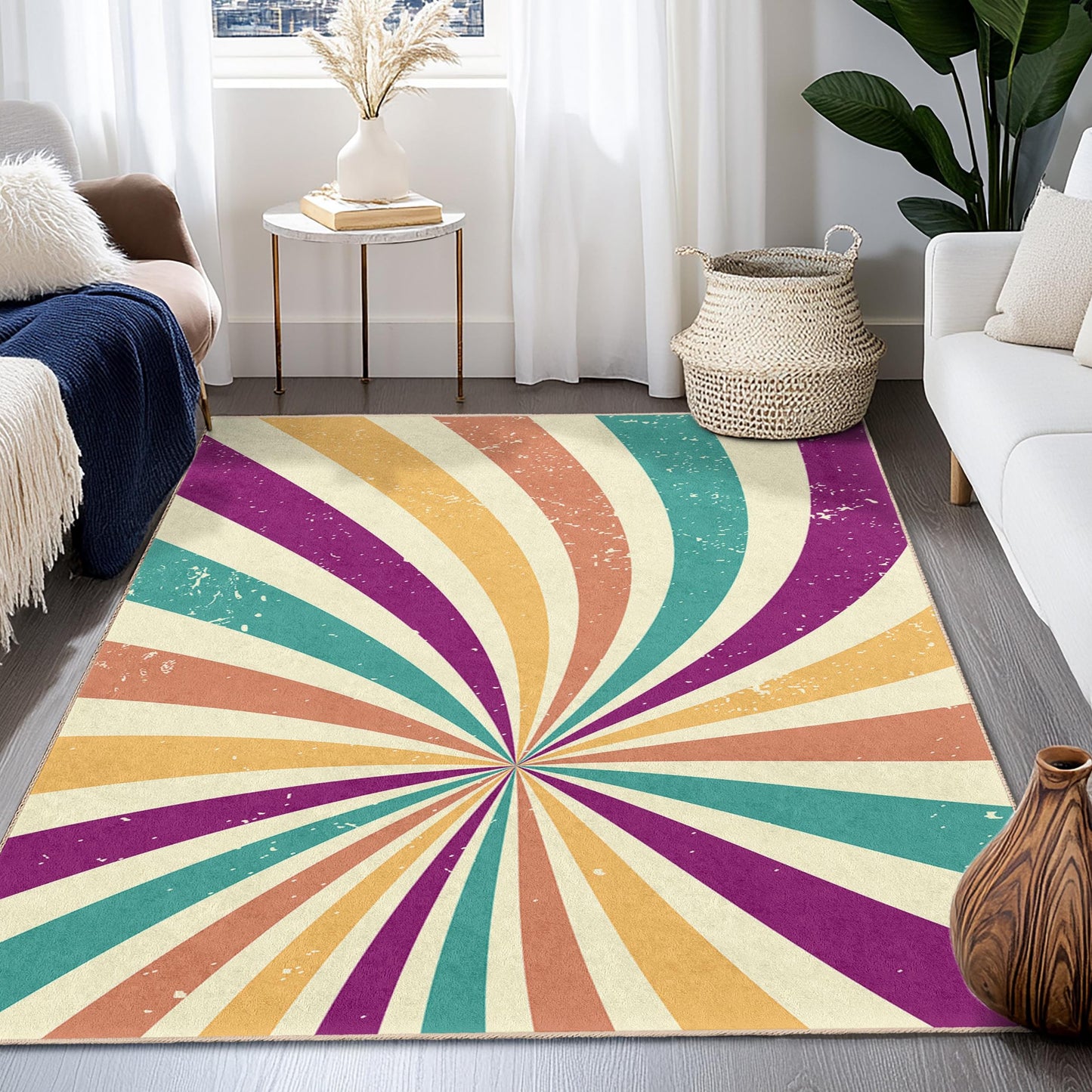 Rechteckiger Teppich mit farbenfrohem Wirbelmuster, lebendiges Retro-Design, moderner Wohnzimmerteppich, einzigartige Wohndekoration