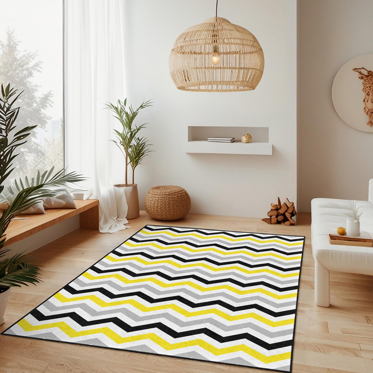 Rechteckiger Teppich mit Chevron-Muster, stilvoller grau-gelb-schwarzer Teppich, moderner Wohnteppich, Wohnzimmerteppich, zeitgenössisches Design