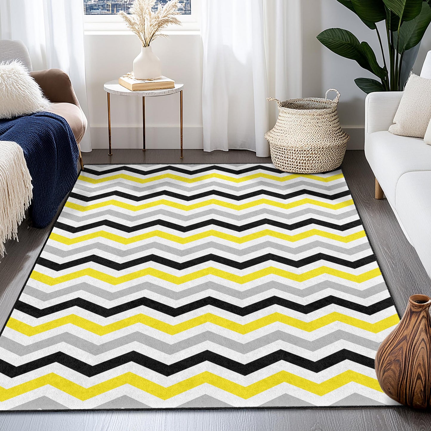 Rechteckiger Teppich mit Chevron-Muster, stilvoller grau-gelb-schwarzer Teppich, moderner Wohnteppich, Wohnzimmerteppich, zeitgenössisches Design