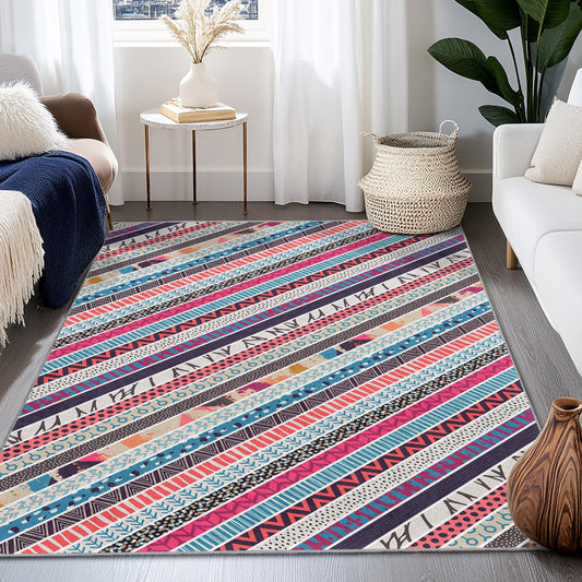 Colorful Geometric Striped Area Rug, Modern Rectangular Carpet, Bohemian Home Decor, Living Room Rug, Bedroom Floor Mat