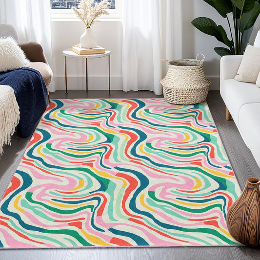 Colorful Abstract Waves Rectangular Area Rug, Modern Home Decor Rug, Soft Living Room Carpet, Stylish Bedroom Rug, Non-Slip Floor Mat