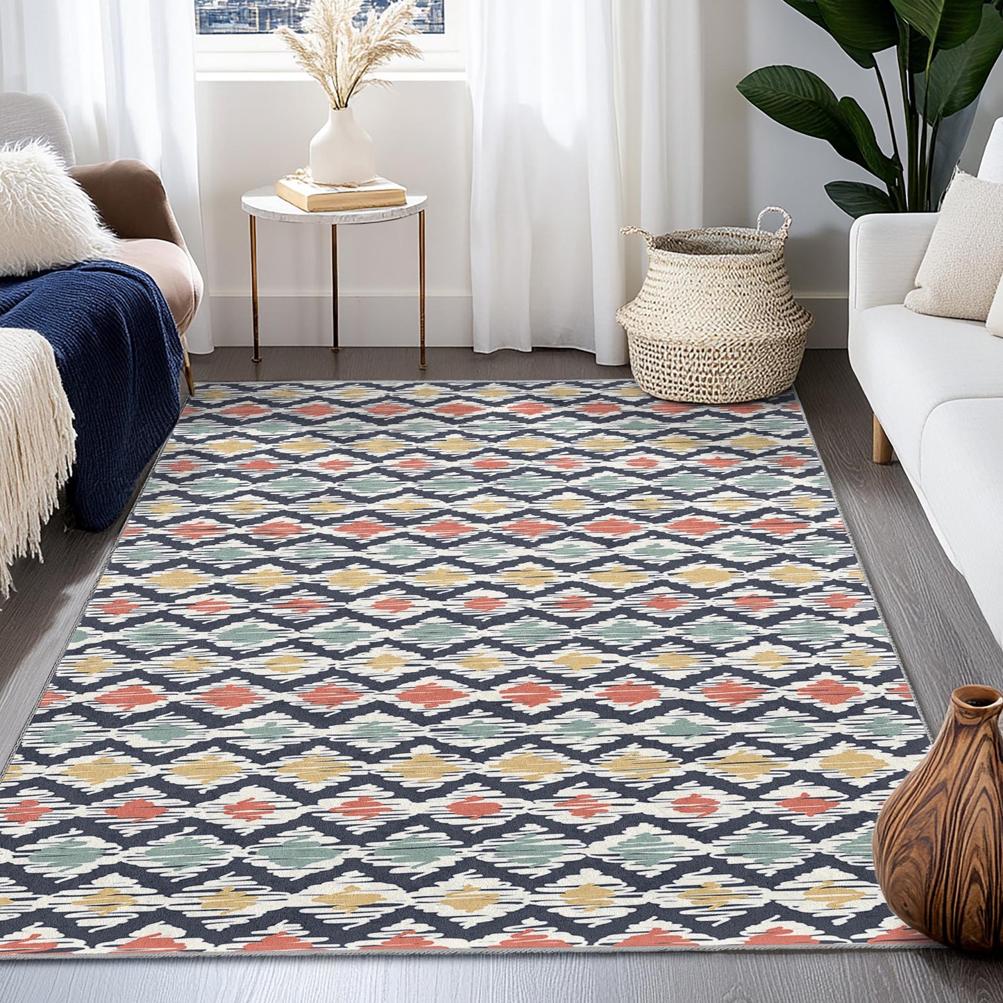 Rechteckiger Teppich mit geometrischem Muster, farbenfroher Teppich mit Rautenmuster, Boho-Teppich, moderner Wohnzimmerteppich, Teppich für die Heimdekoration