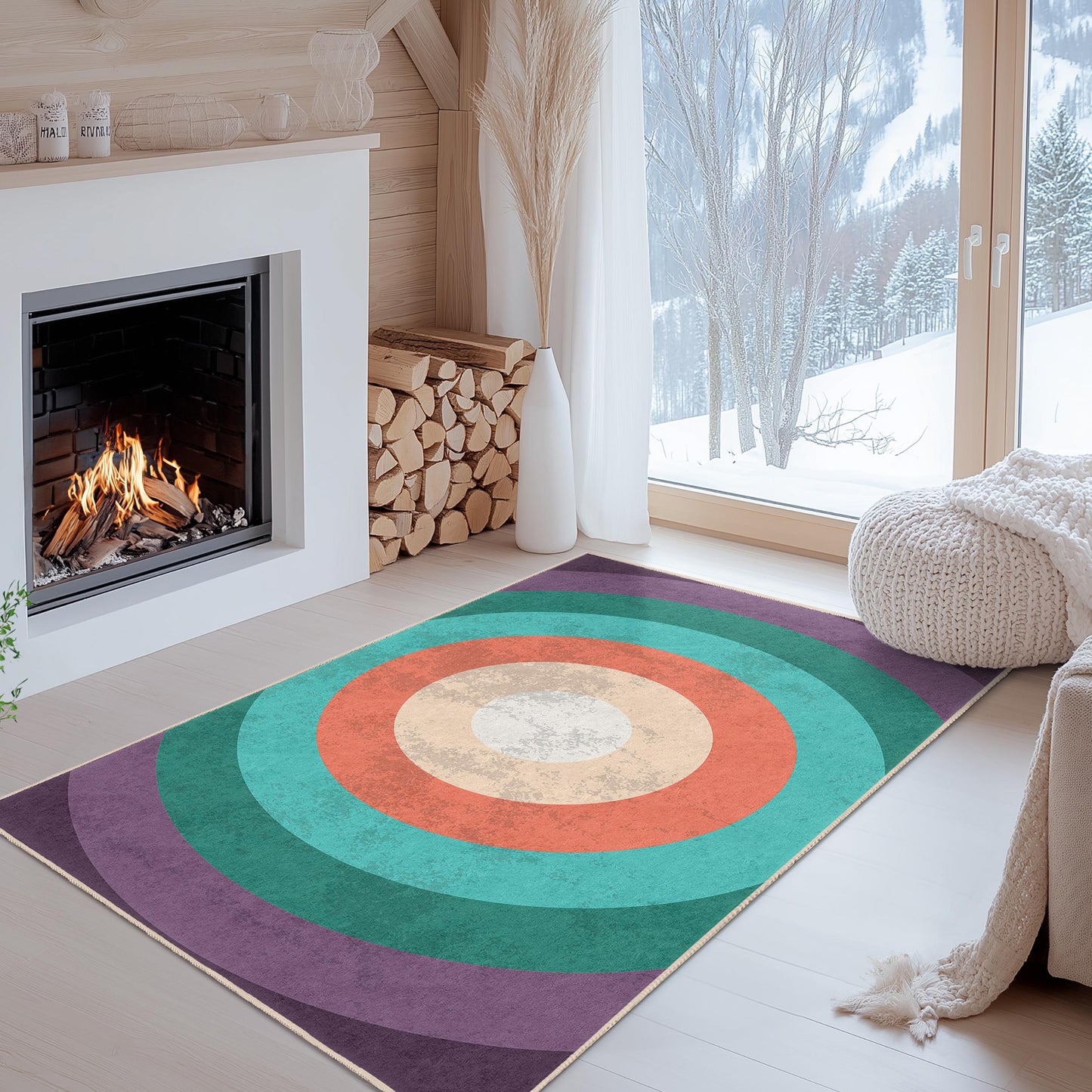Rechteckiger Teppich mit farbenfrohem Kreismuster, Teppich im Bohème-Stil, moderner Wohnzimmerteppich, Teppich mit geometrischem Design, Wohnaccessoire