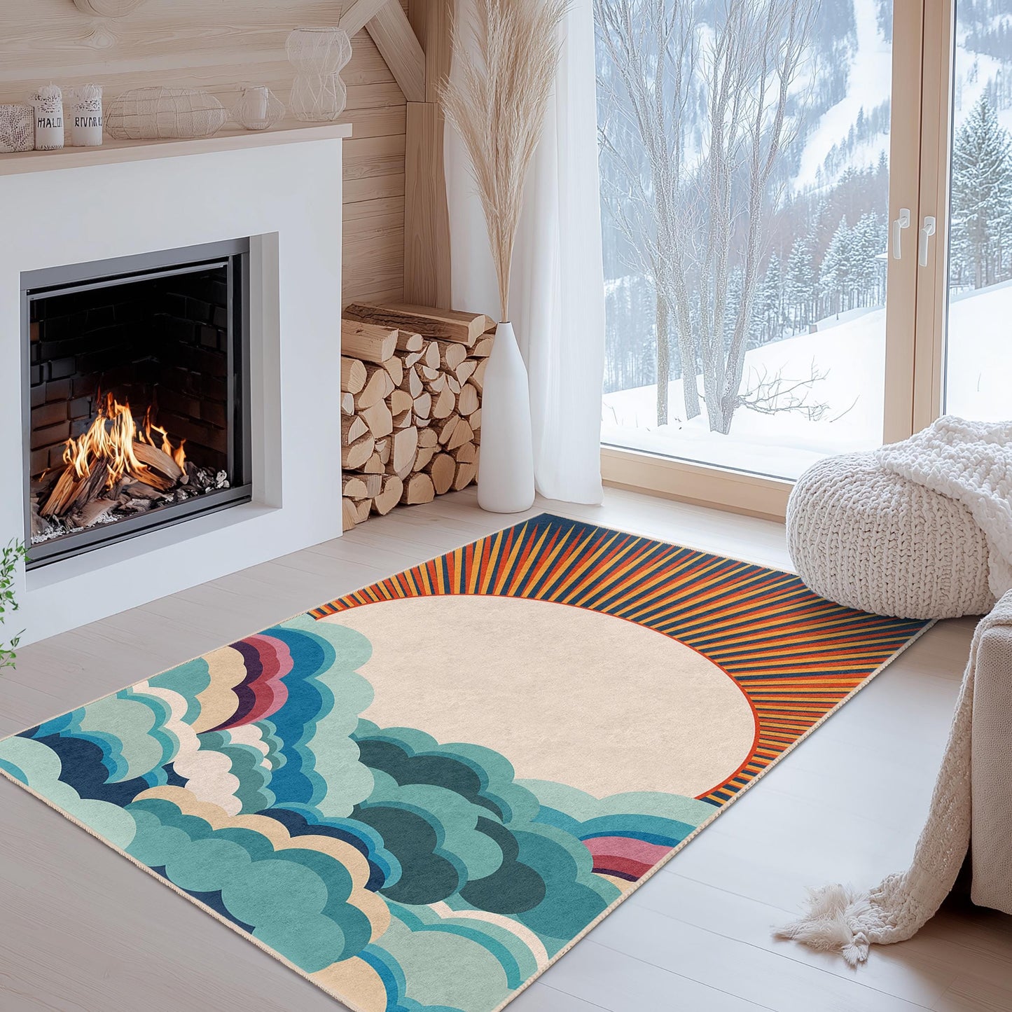 Rechteckiger Teppich „Sonnenaufgangswolken“, farbenfroher Teppich mit Wolkenmuster, Wohnteppich, Wohnzimmerteppich, Boho-Teppich
