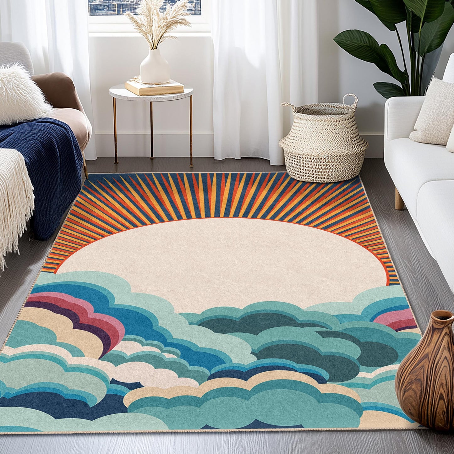 Rechteckiger Teppich „Sonnenaufgangswolken“, farbenfroher Teppich mit Wolkenmuster, Wohnteppich, Wohnzimmerteppich, Boho-Teppich