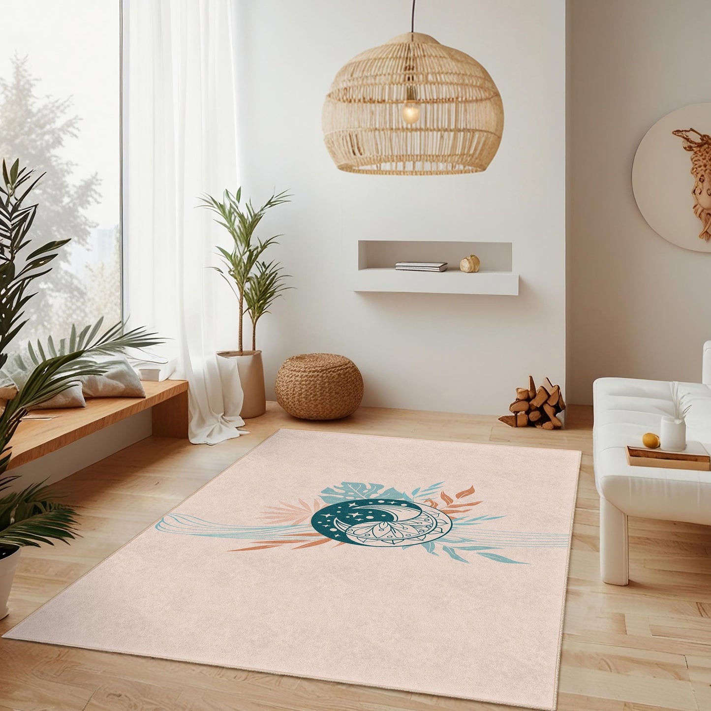 Rechteckiger Boho-Chic-Teppich mit Blumenmuster, modernes Wohnaccessoire, Wohnzimmerteppich, Schlafzimmerteppich, stilvolles Wohnaccessoire