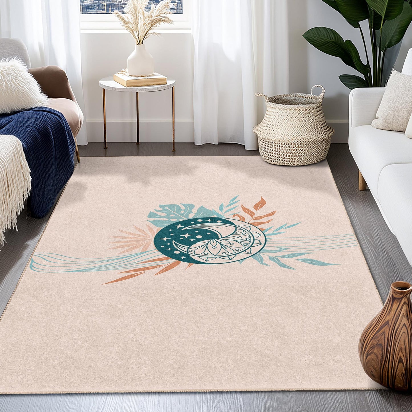 Rechteckiger Boho-Chic-Teppich mit Blumenmuster, modernes Wohnaccessoire, Wohnzimmerteppich, Schlafzimmerteppich, stilvolles Wohnaccessoire