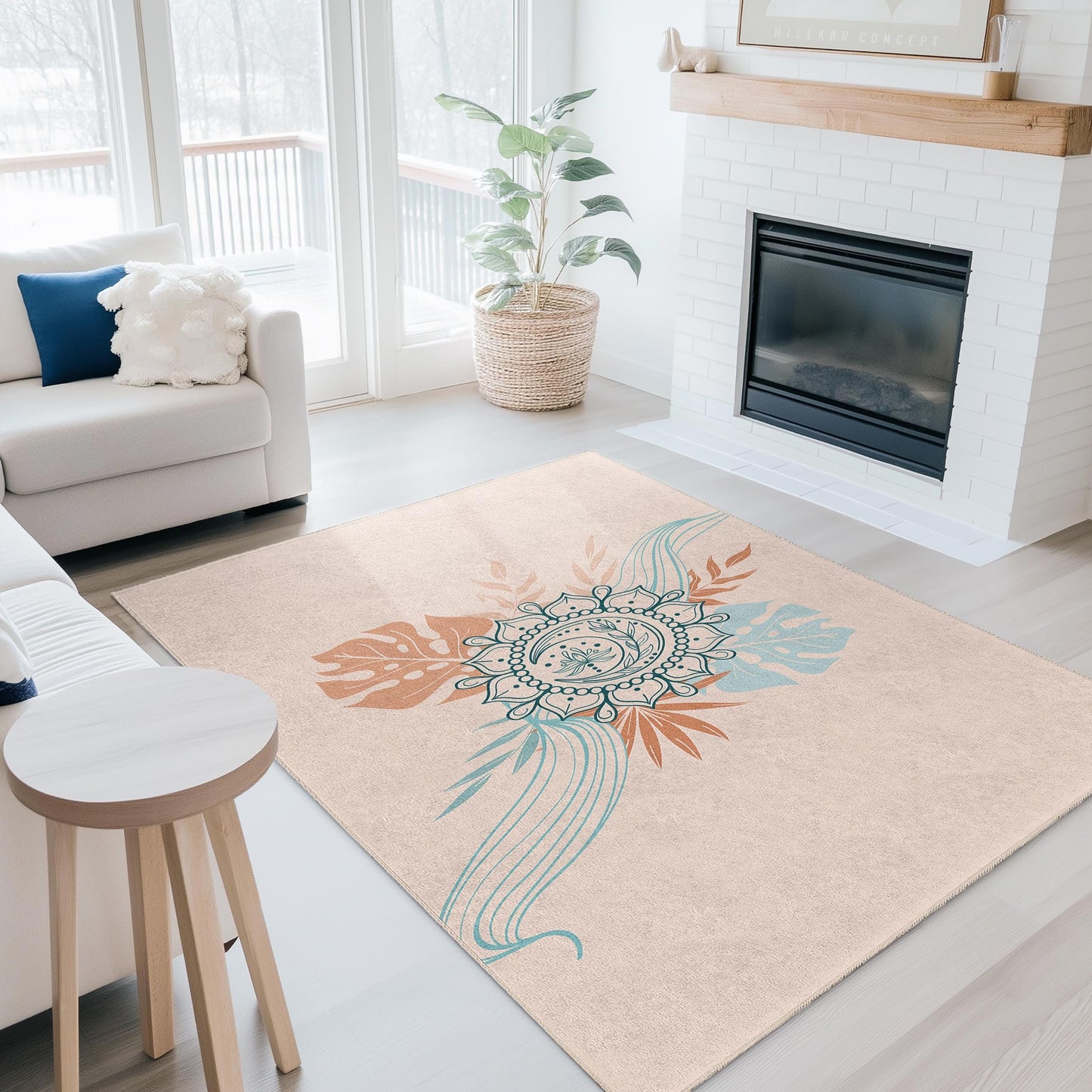Eleganter rechteckiger Teppich mit Mandala-Blumenmuster, Boho-Chic-Teppich, dekorative Fußmatte für Wohnzimmer, Schlafzimmer oder Büro