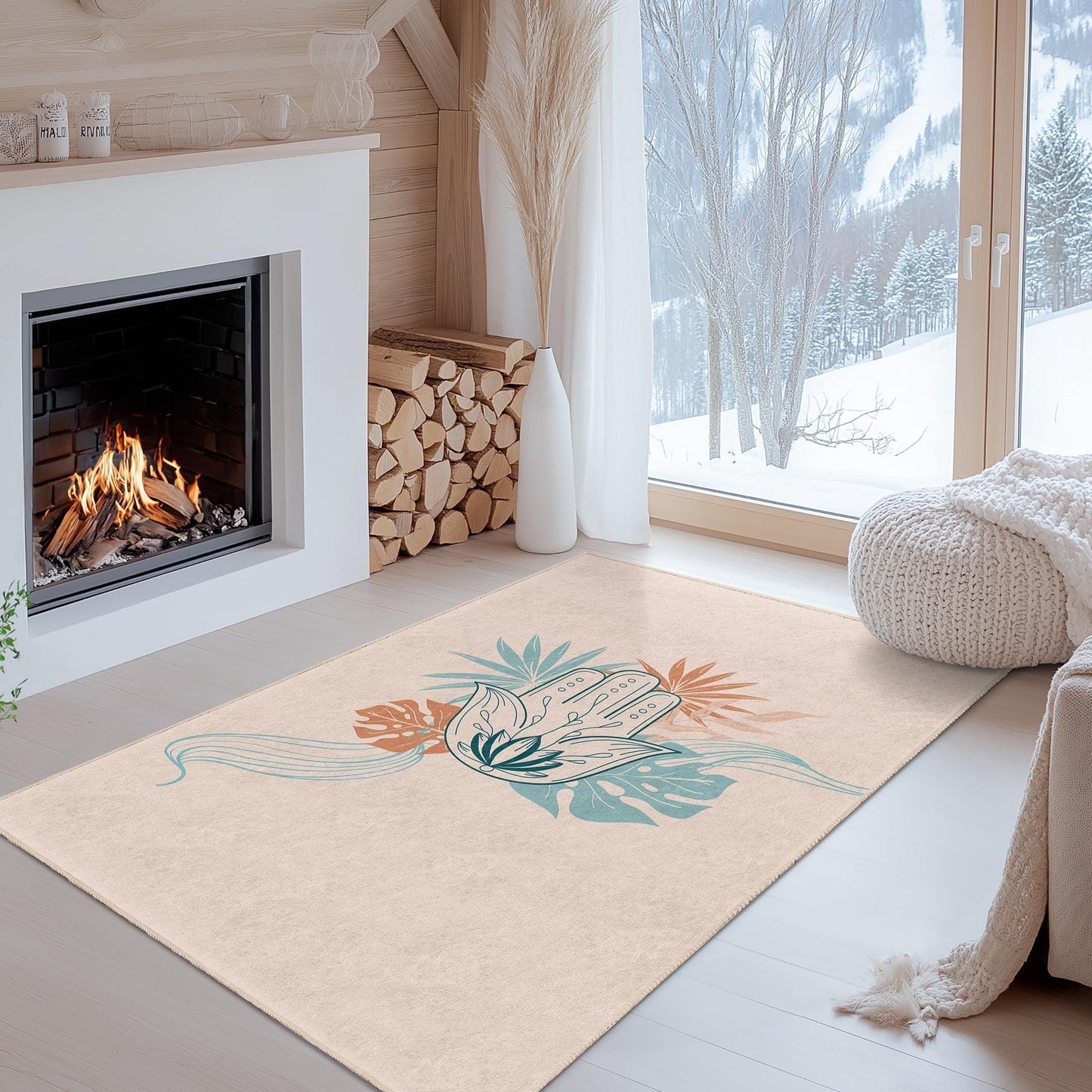 Rechteckiger Teppich mit böhmischem Hand- und Blättermuster, dekorativer Wohnzimmerteppich, einzigartiger Teppich, florales Design, Wohnaccessoire