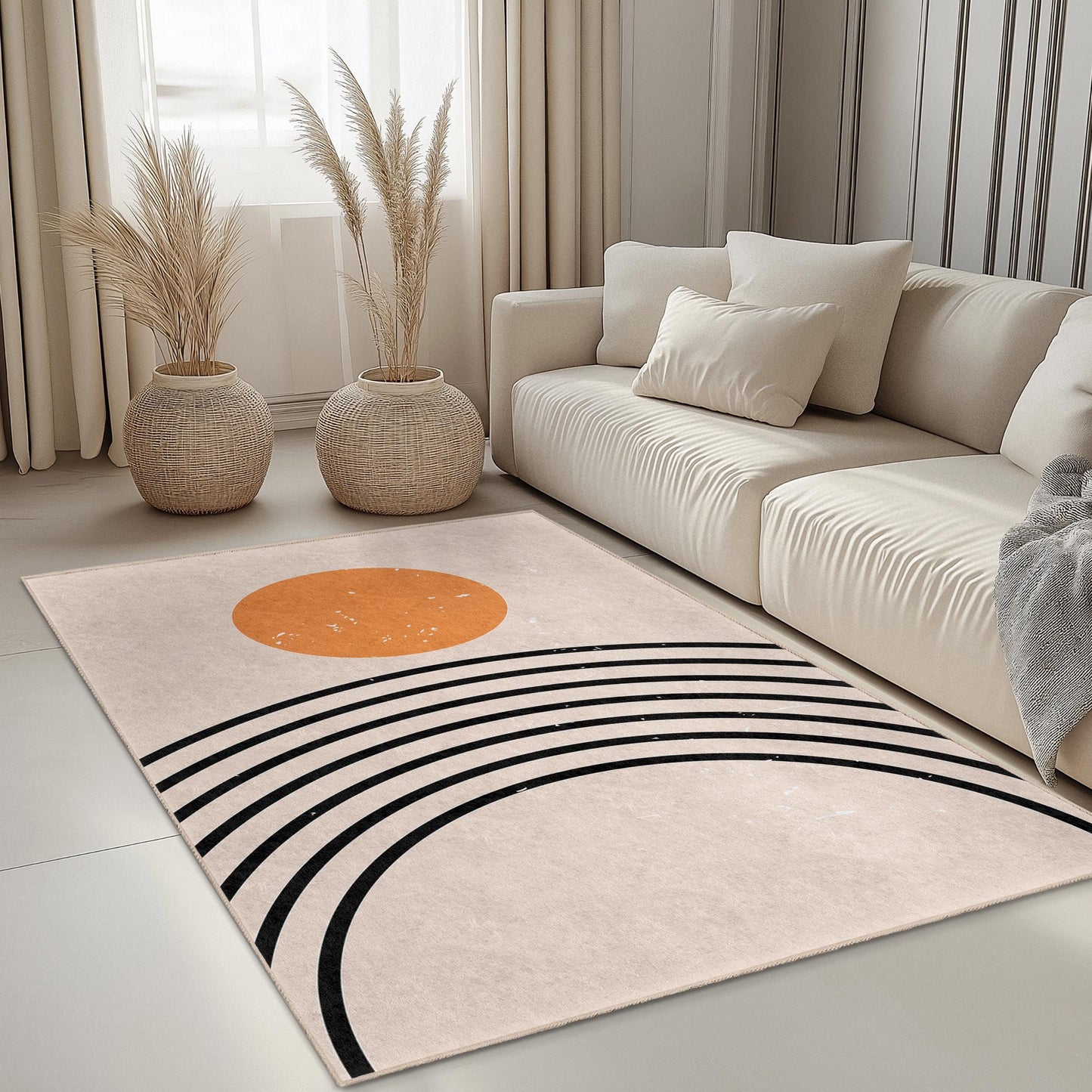 Minimalistischer Teppich „Sonnenuntergangsregenbogen“, moderner geometrischer rechteckiger Teppich, stilvoller Wohnzimmerteppich, weiche dekorative Bodenmatte