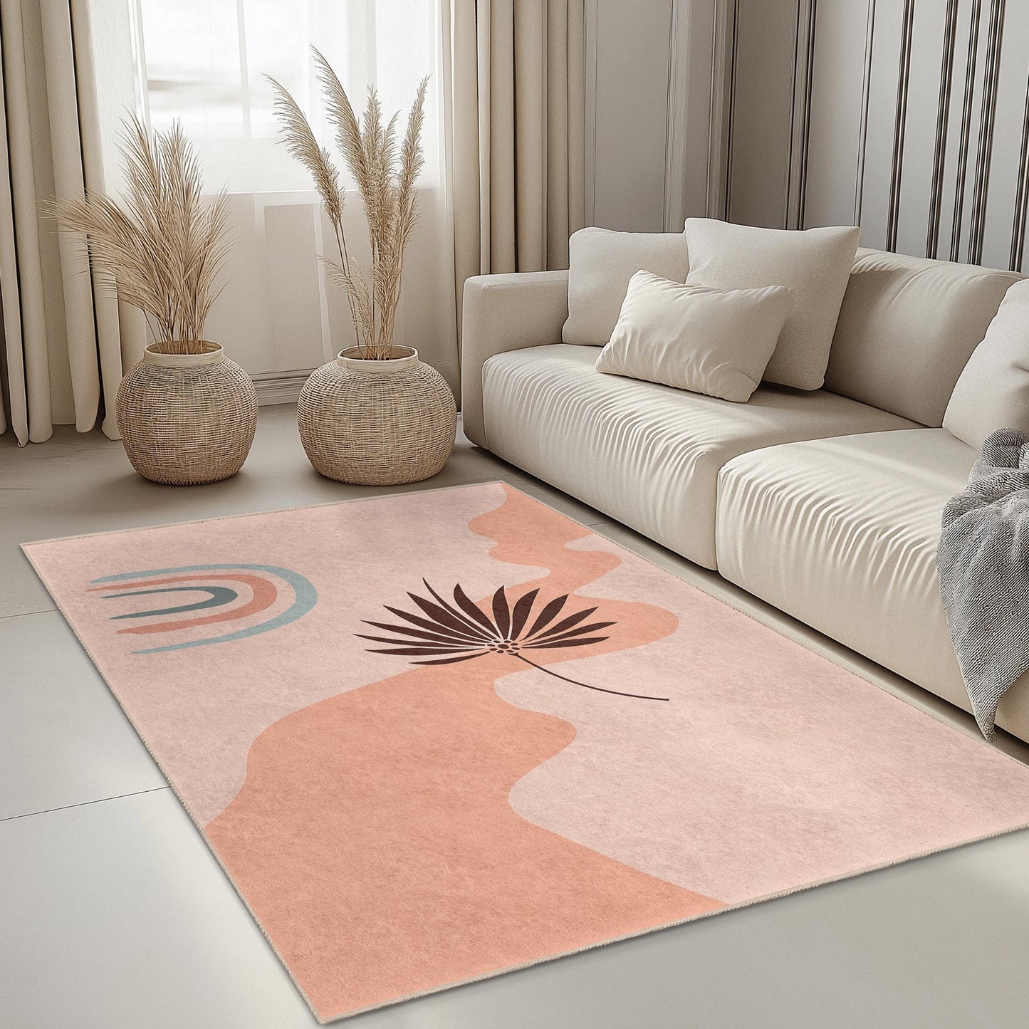Rechteckiger Teppich mit abstraktem Blattmuster, moderner Wohnzimmerteppich, Boho-Chic-Einrichtung, stilvolle Fußmatte