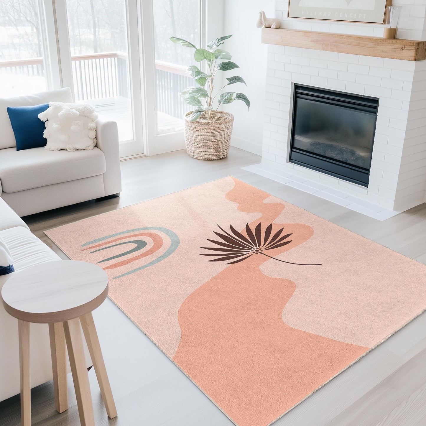Rechteckiger Teppich mit abstraktem Blattmuster, moderner Wohnzimmerteppich, Boho-Chic-Einrichtung, stilvolle Fußmatte