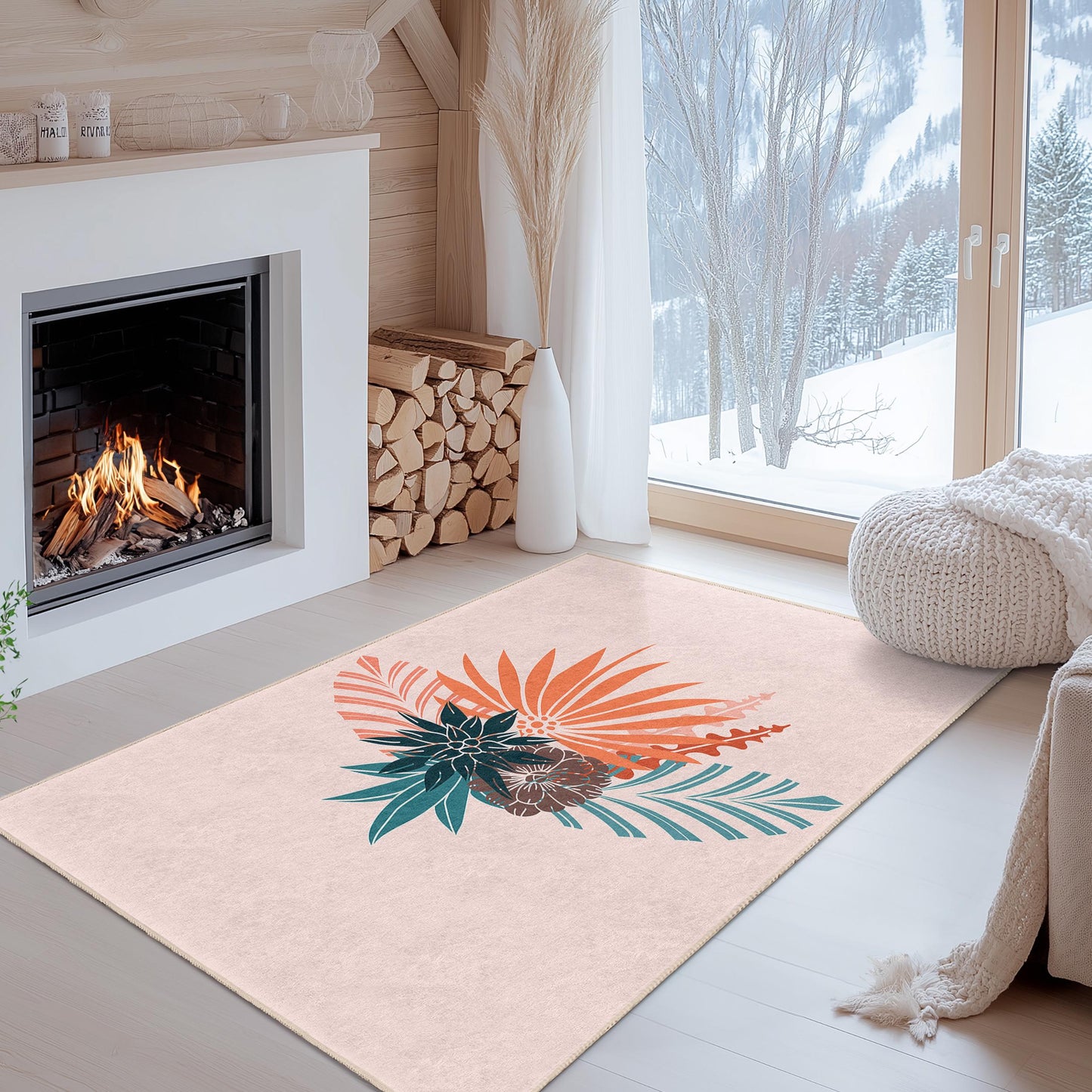 Rechteckiger Teppich mit tropischem Blumenmuster, moderner Boho-Stil, Wohnzimmerteppich, Teppich mit botanischem Design, Heimdekoration