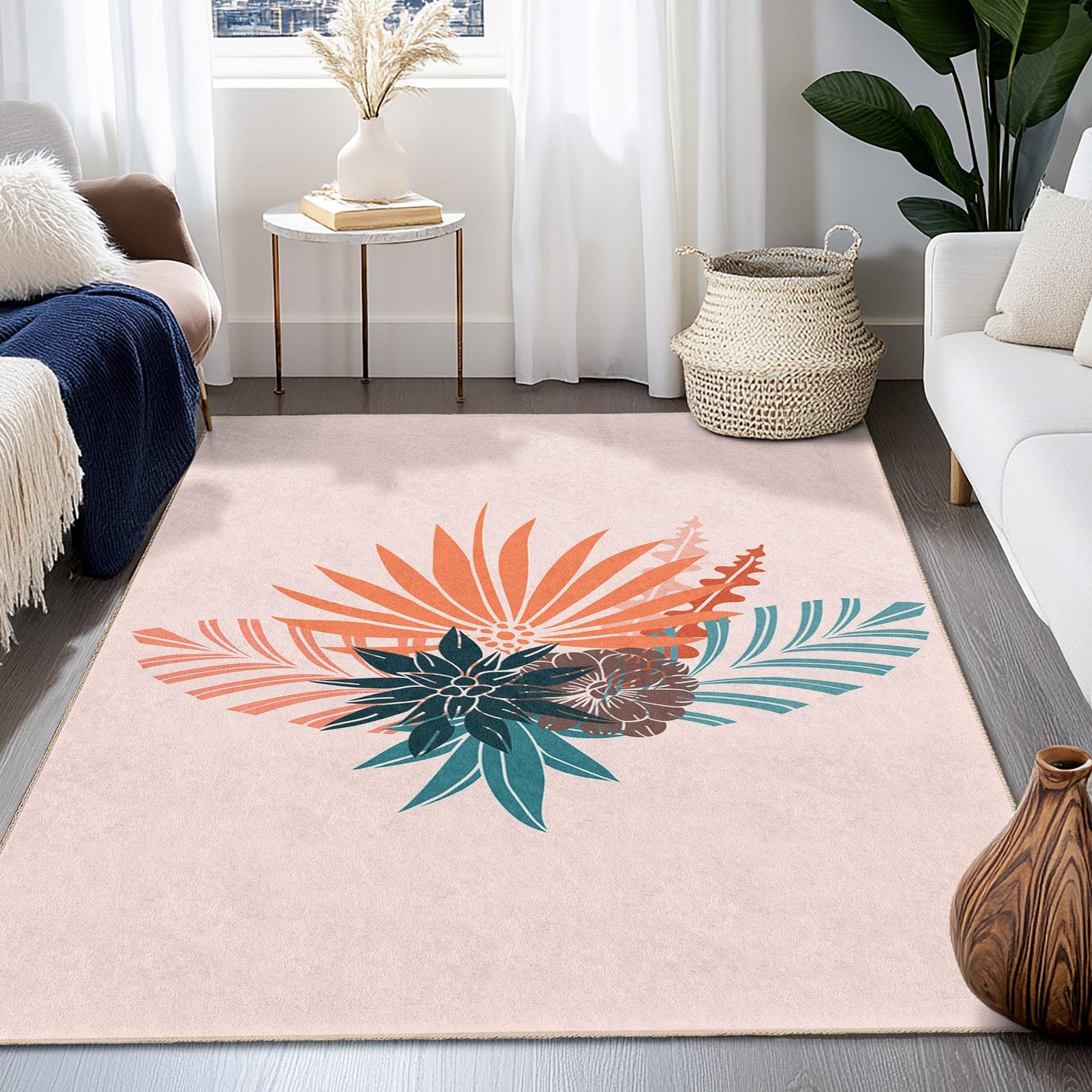 Rechteckiger Teppich mit tropischem Blumenmuster, moderner Boho-Stil, Wohnzimmerteppich, Teppich mit botanischem Design, Heimdekoration