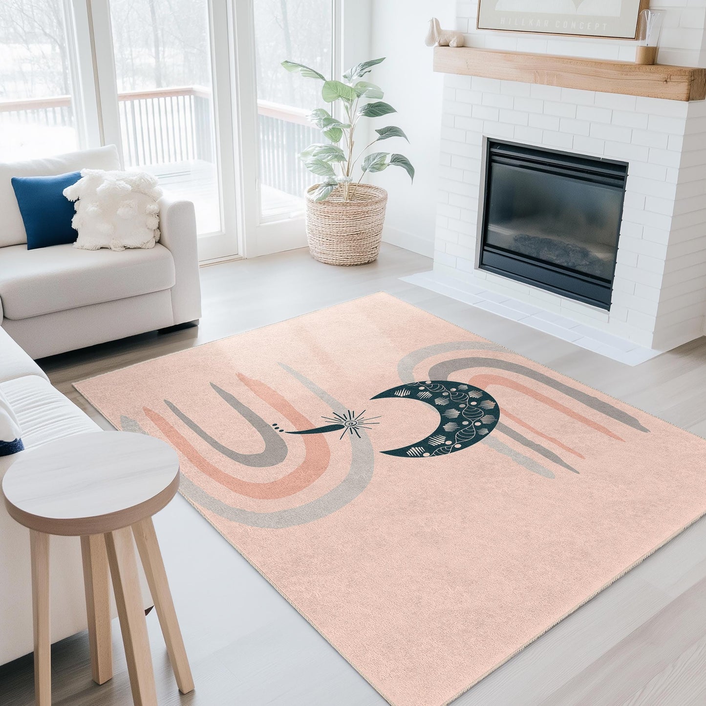 Rechteckiger Teppich mit abstraktem Mond- und Regenbogenmotiv, moderner Fußmatte, dekorativer Wohnzimmerteppich im Boho-Chic-Stil