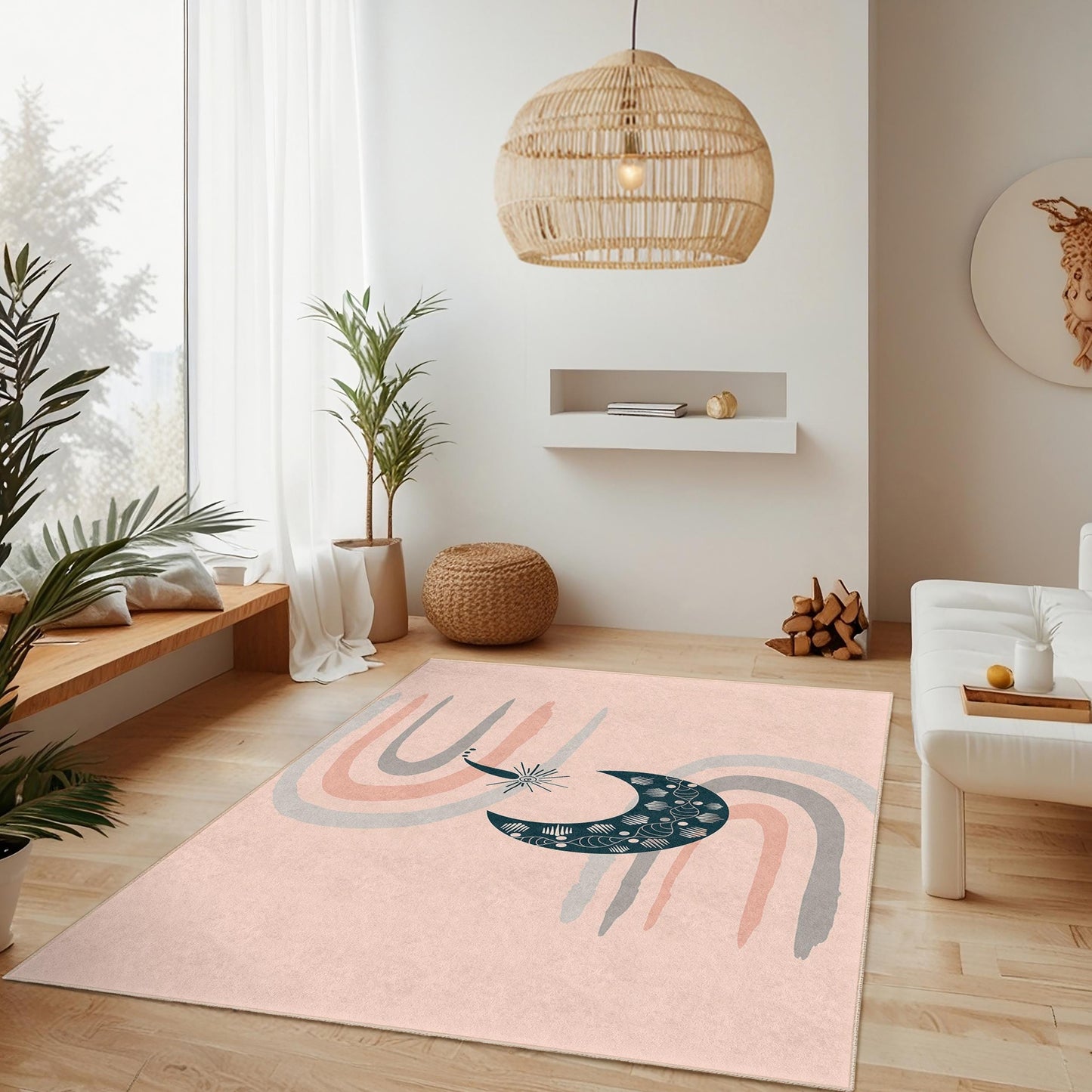 Rechteckiger Teppich mit abstraktem Mond- und Regenbogenmotiv, moderner Fußmatte, dekorativer Wohnzimmerteppich im Boho-Chic-Stil