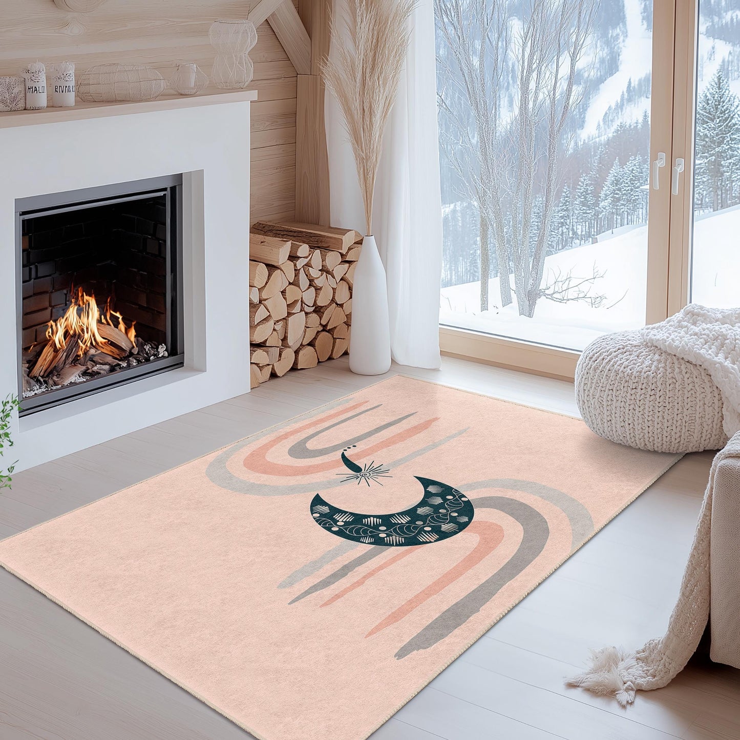 Rechteckiger Teppich mit abstraktem Mond- und Regenbogenmotiv, moderner Fußmatte, dekorativer Wohnzimmerteppich im Boho-Chic-Stil