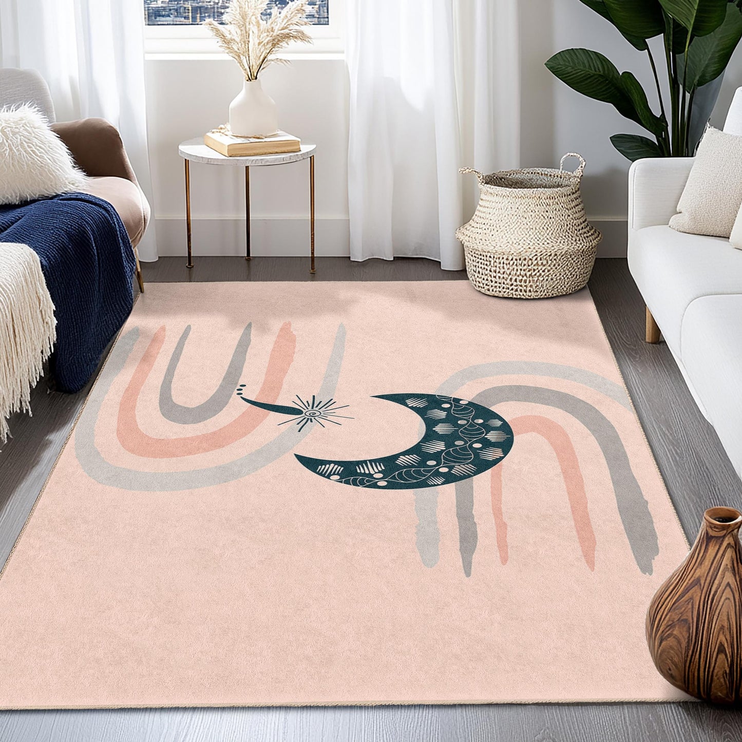 Rechteckiger Teppich mit abstraktem Mond- und Regenbogenmotiv, moderner Fußmatte, dekorativer Wohnzimmerteppich im Boho-Chic-Stil