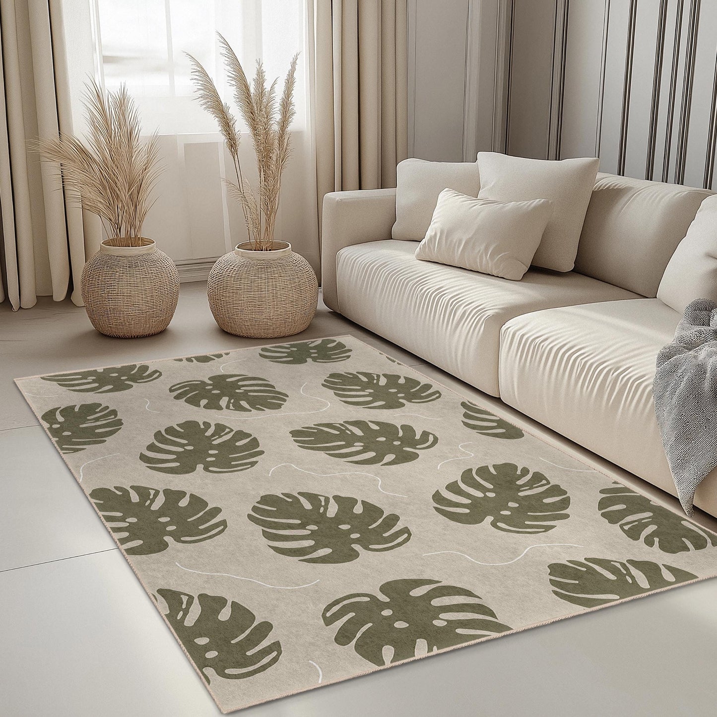 Moderner rechteckiger Teppich mit Blattmuster, botanisches Dekor, Teppich für den Innenbereich, Wohnzimmerteppich, von der Natur inspiriertes Design, grüner Blattteppich