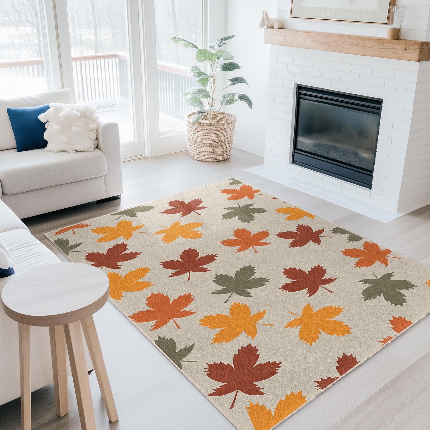 Rechteckiger Teppich mit Herbstlaubmuster, Fußmatte mit Blätterdekor, saisonaler Dekoteppich, naturinspirierter Teppich für das Wohnzimmer
