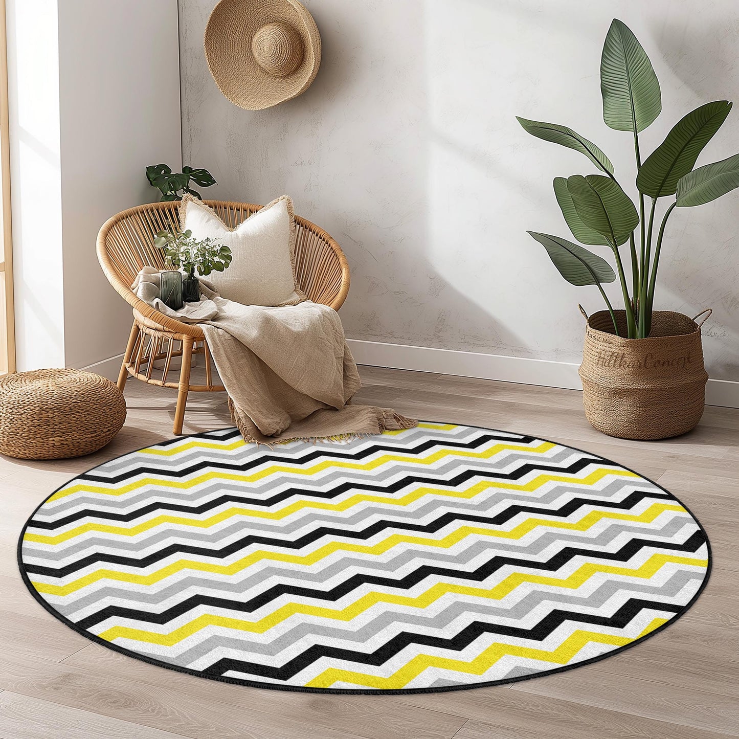 Moderner runder Teppich mit Chevron-Muster, gelb-grauer Zickzack-Teppich, weicher runder Teppich für Wohnzimmer, Schlafzimmer und Wohnbereich