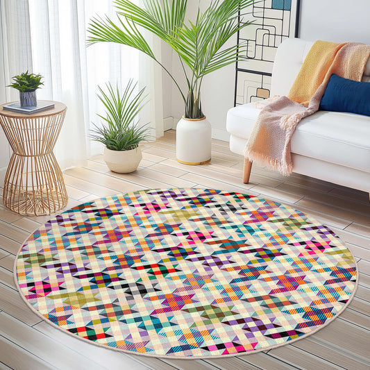 Colorful Geometric Round Area Rug, Modern Round Carpet for Living Room, Unique Decor for Home, Chic Round Rug for Any Space
