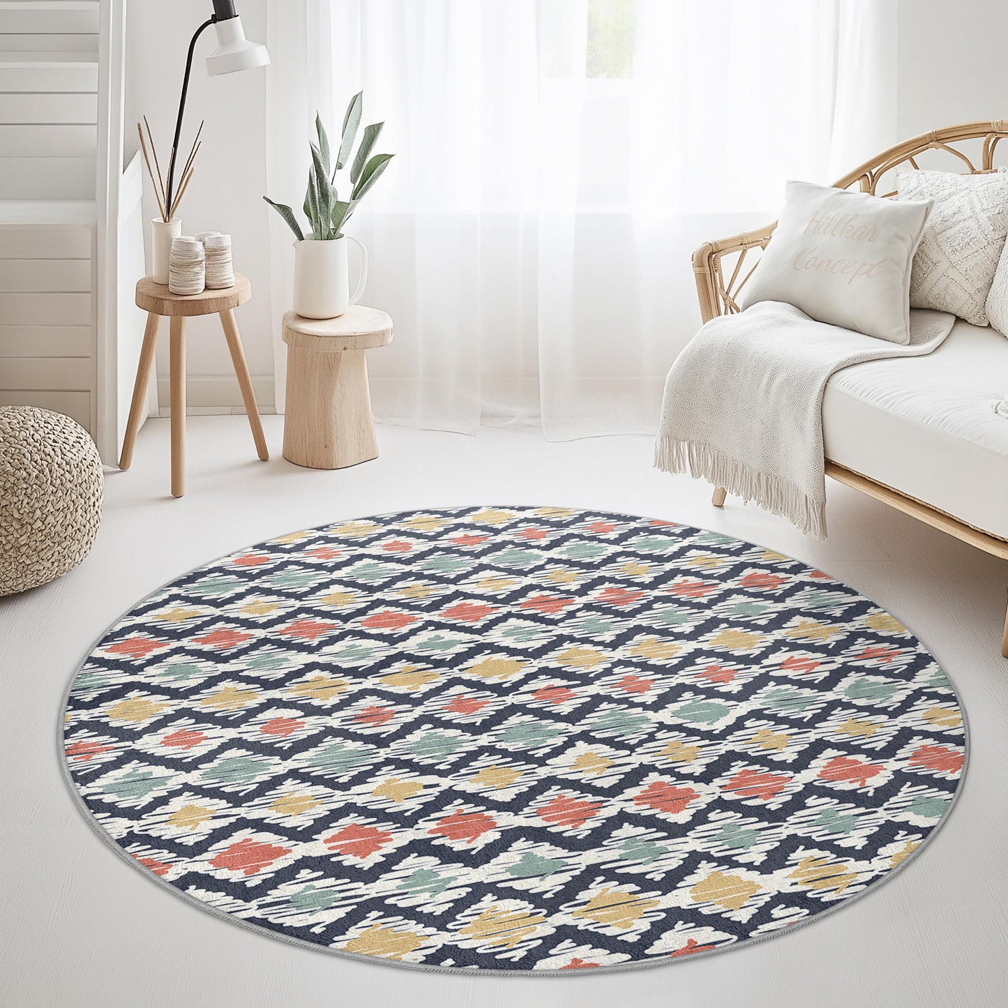 Bunter, geometrischer runder Teppich, moderner runder Teppich, Boho-Dekor, Wohnzimmerteppich, Schlafzimmerteppich, stilvoller runder Teppich