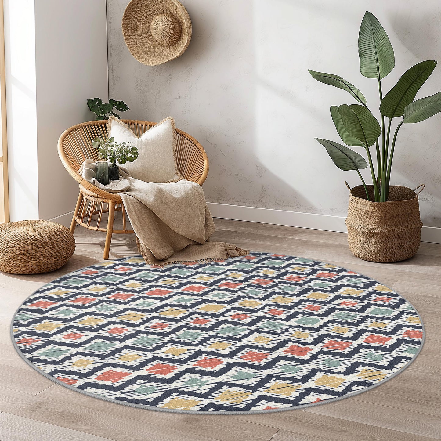 Bunter, geometrischer runder Teppich, moderner runder Teppich, Boho-Dekor, Wohnzimmerteppich, Schlafzimmerteppich, stilvoller runder Teppich