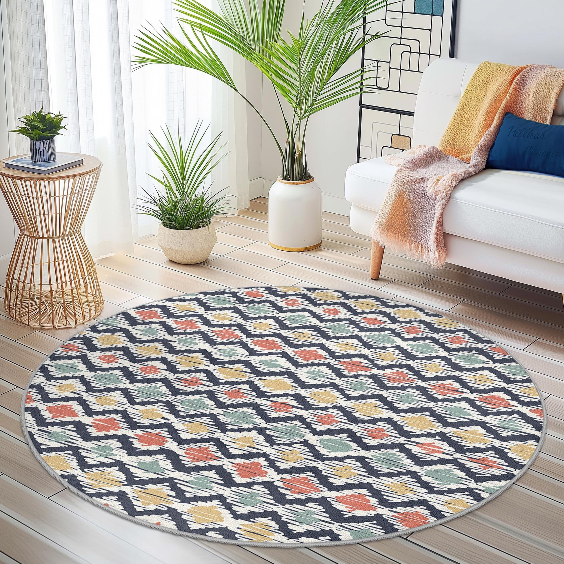Colorful Geometric Round Area Rug, Modern Round Carpet, Boho Decor, Living Room Rug, Bedroom Accent Rug, Stylish Round Rug