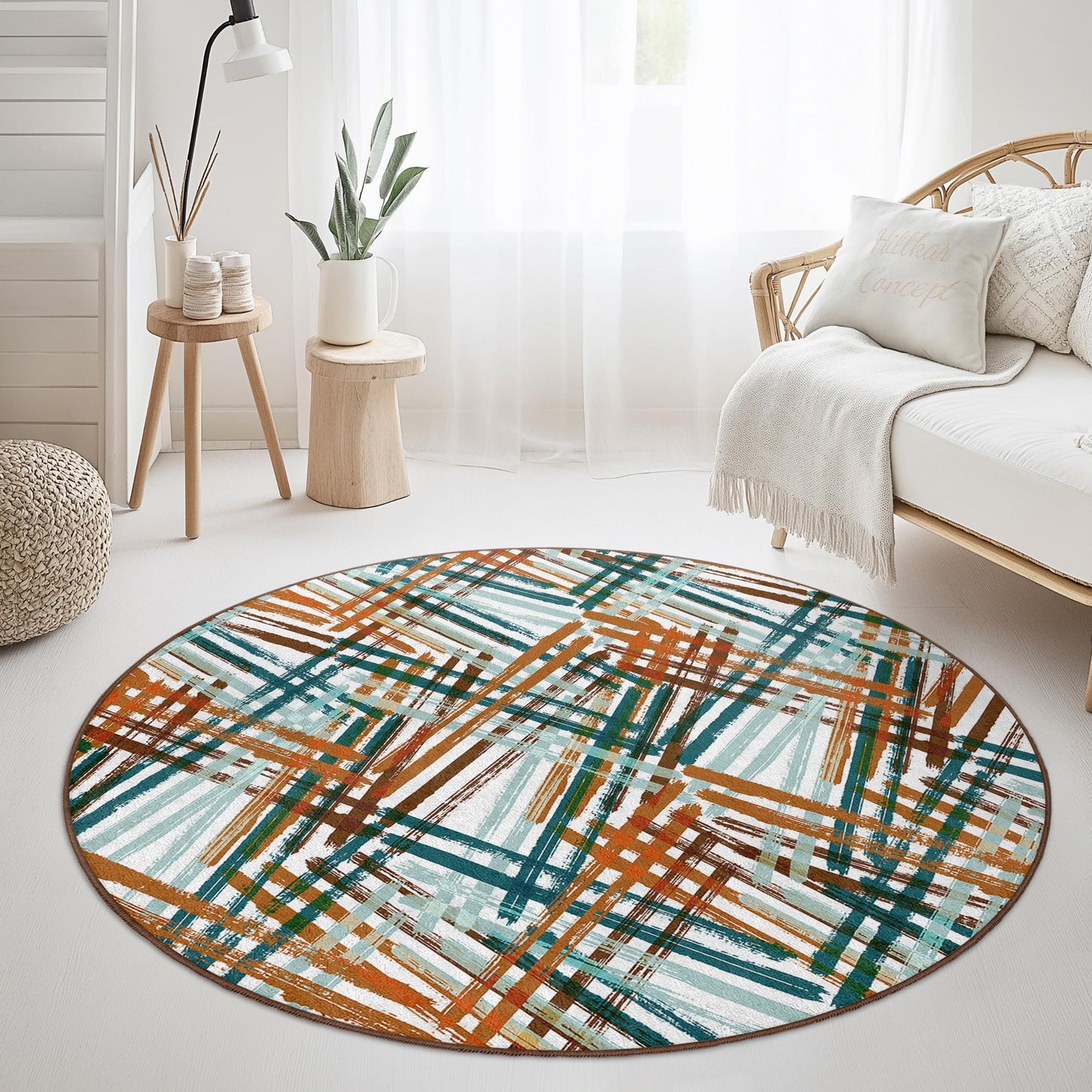Abstrakter runder Teppich, farbenfroher geometrischer Kreisteppich, moderne Wohndekoration, Wohnzimmerteppich, runde Matte im Bohème-Stil