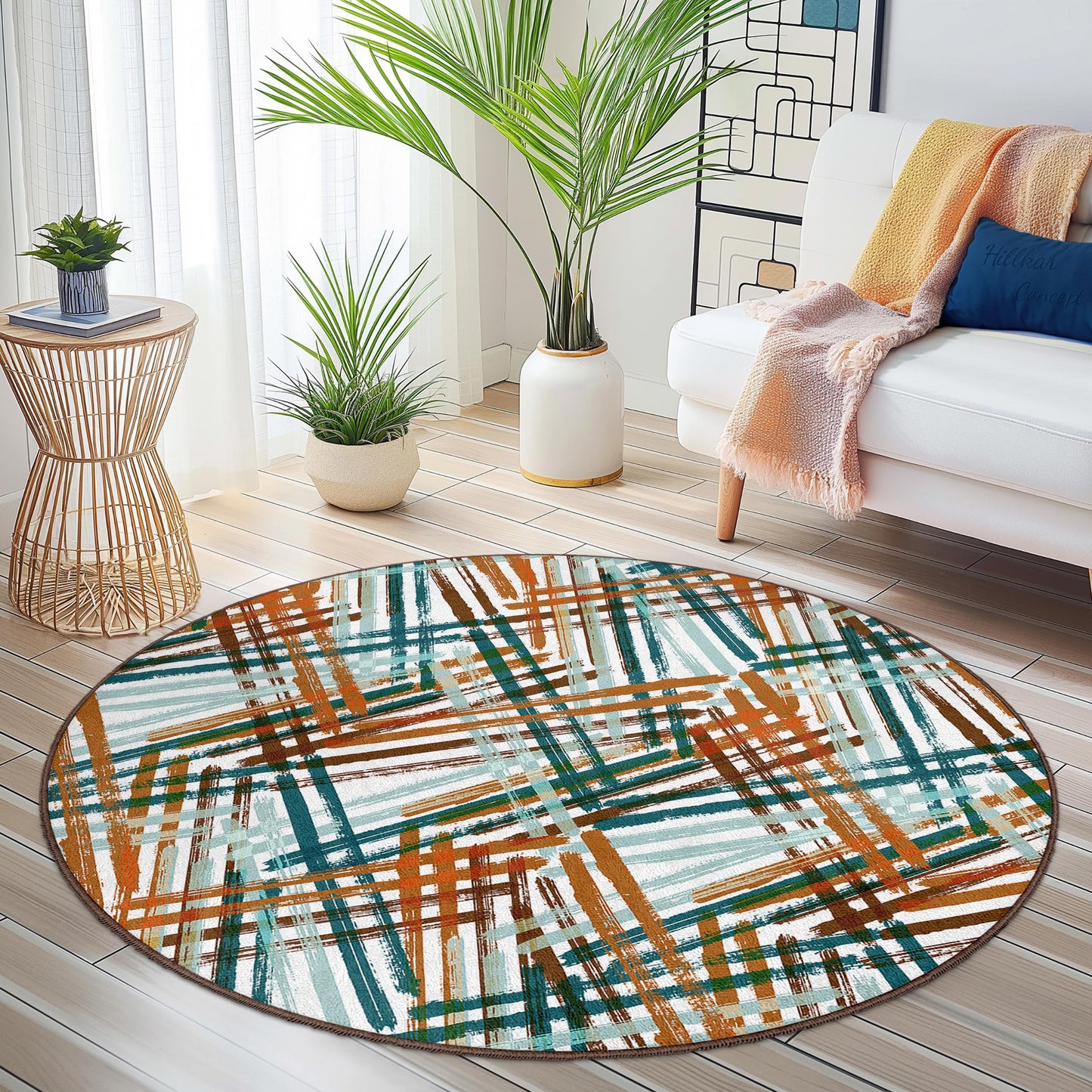 Abstrakter runder Teppich, farbenfroher geometrischer Kreisteppich, moderne Wohndekoration, Wohnzimmerteppich, runde Matte im Bohème-Stil