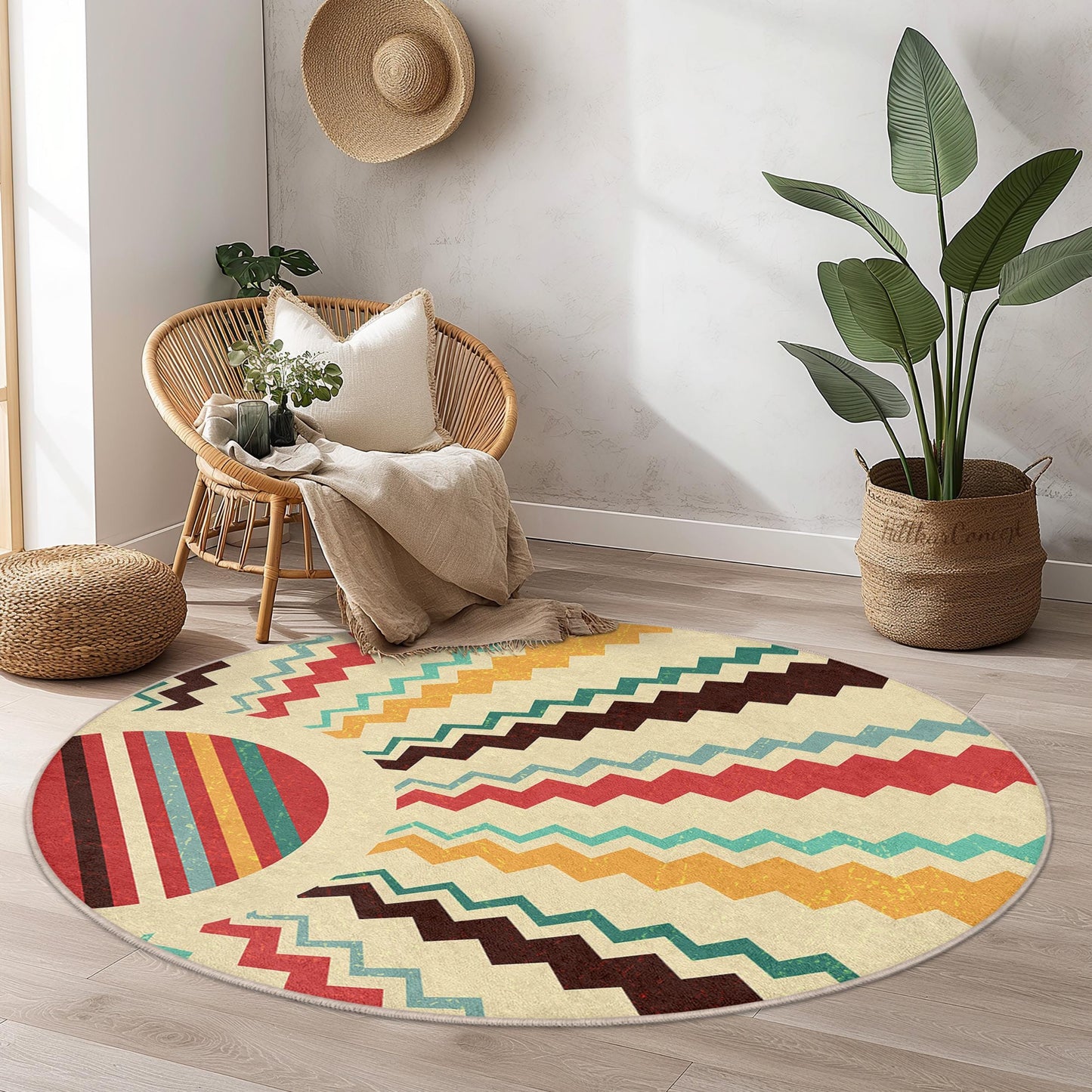 Bunter, geometrischer runder Teppich, stilvoller runder Teppich, moderne Wohndekoration, Boho-Chic-Teppich, Akzentteppich fürs Wohnzimmer