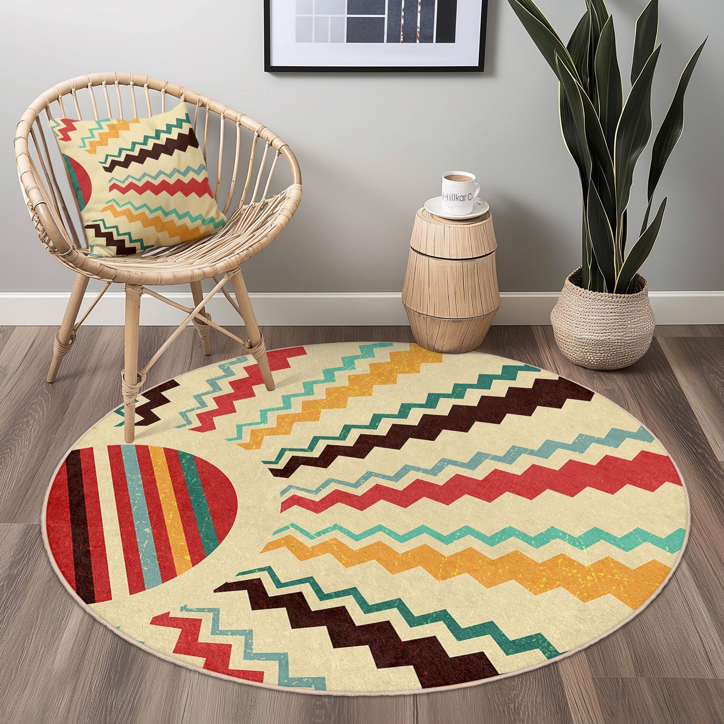 Bunter, geometrischer runder Teppich, stilvoller runder Teppich, moderne Wohndekoration, Boho-Chic-Teppich, Akzentteppich fürs Wohnzimmer