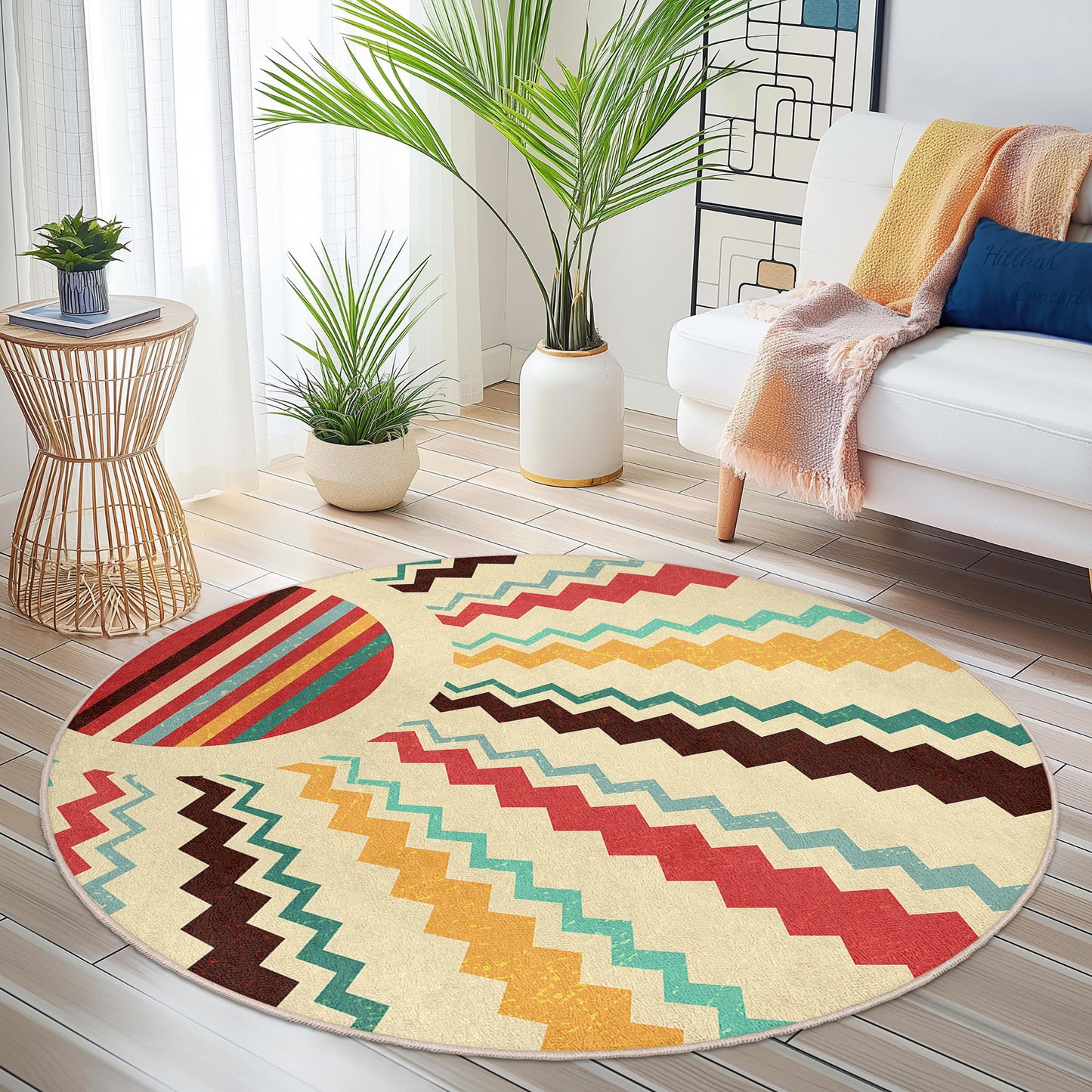 Bunter, geometrischer runder Teppich, stilvoller runder Teppich, moderne Wohndekoration, Boho-Chic-Teppich, Akzentteppich fürs Wohnzimmer