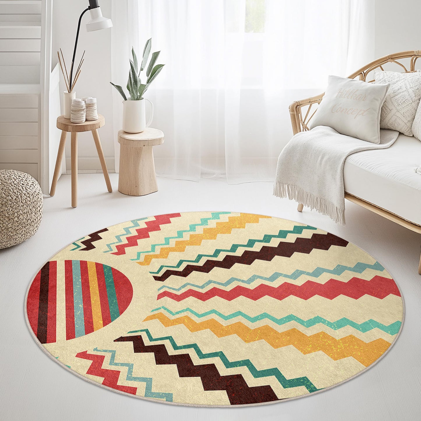 Colorful Geometric Round Rug, Stylish Circle Area Rug, Modern Home Decor, Boho Chic Rug, Living Room Accent Rug