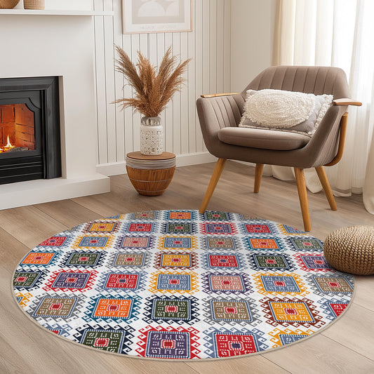 Colorful Geometric Round Area Rug, Stylish Round Carpet, Modern Decor Rug, Bohemian Round Rug, Unique Living Room Rug, Home Decor