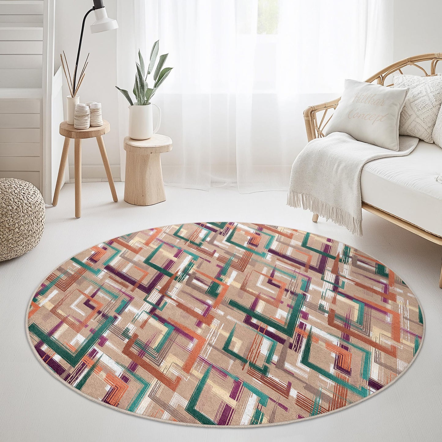 Runder Teppich mit geometrischem Muster, moderner runder Teppich, stilvoller runder Teppich für das Wohnzimmer, Wohnteppich, weicher runder Teppich