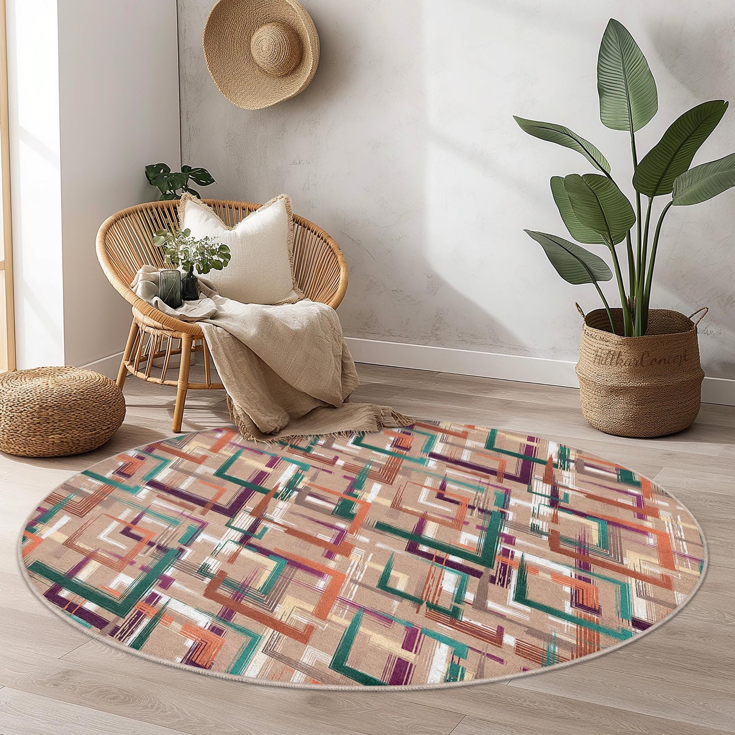 Runder Teppich mit geometrischem Muster, moderner runder Teppich, stilvoller runder Teppich für das Wohnzimmer, Wohnteppich, weicher runder Teppich