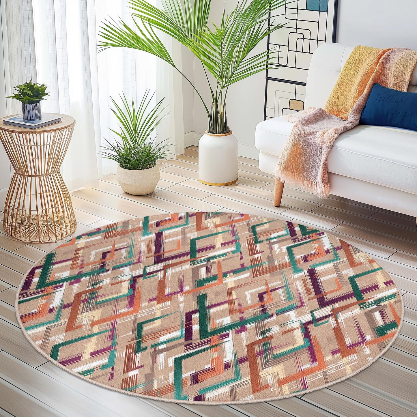Runder Teppich mit geometrischem Muster, moderner runder Teppich, stilvoller runder Teppich für das Wohnzimmer, Wohnteppich, weicher runder Teppich